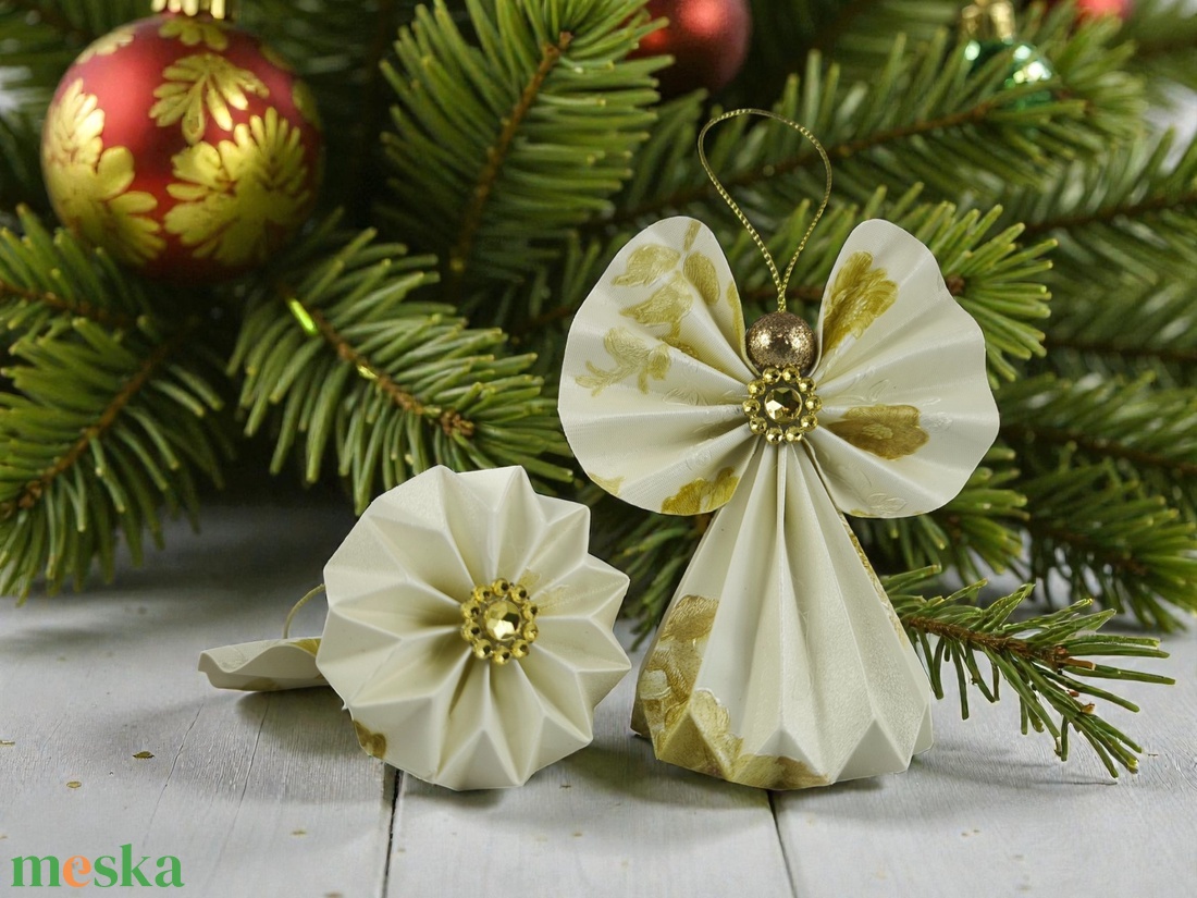 Ekrü, arany papírangyalka PANAR0124 - karácsony - karácsonyi lakásdekoráció - karácsonyfadíszek - Meska.hu