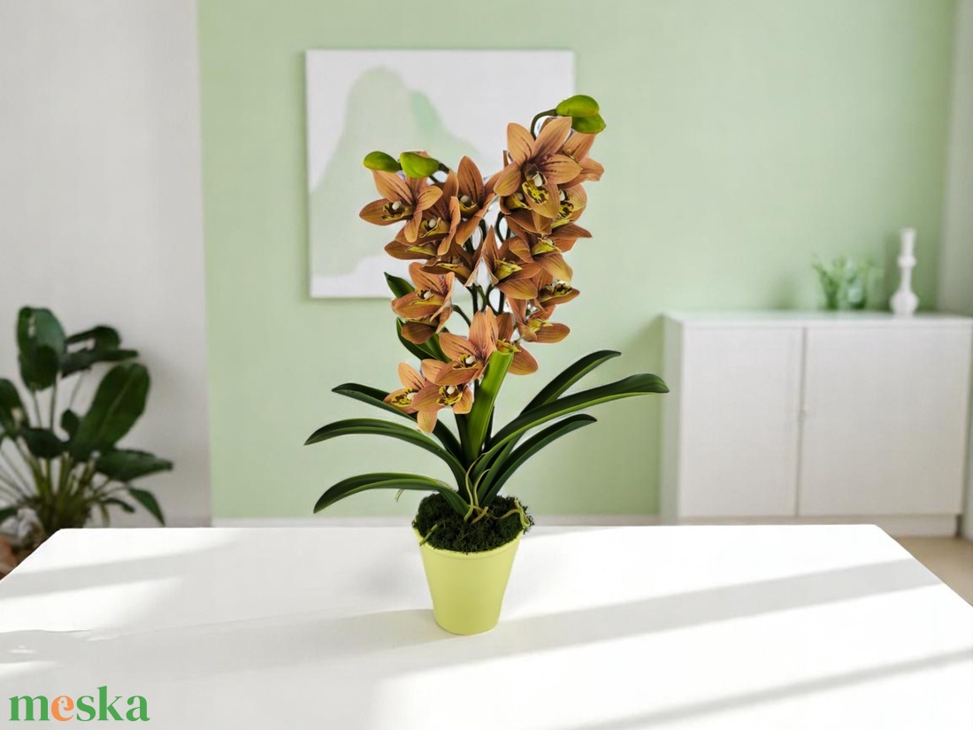 Sárgás barnás kétszálas élethű csónakorchidea ORC211BA - otthon & életmód - virágdekoráció - virágdíszek - virágdísz kaspóban - Meska.hu