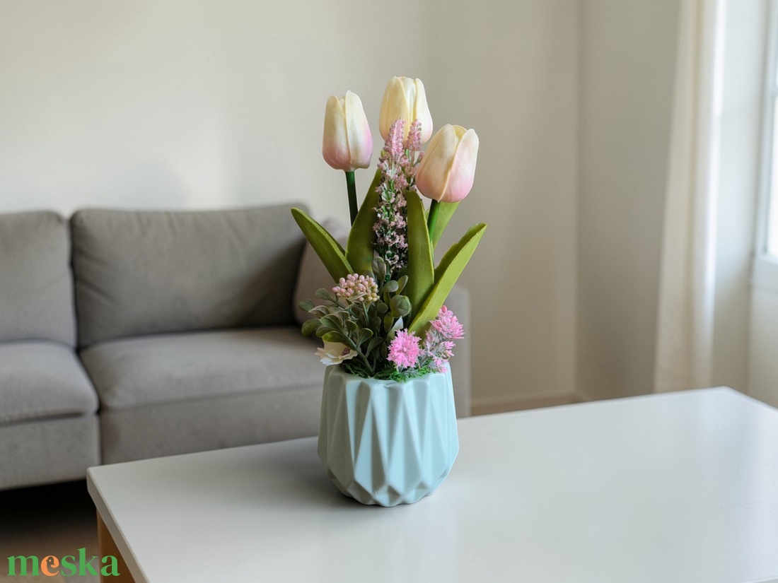 Krém, rózsaszín tulipánok kerámiakaspóban TUG327KRRS - otthon & életmód - virágdekoráció - virágdíszek - virágdísz kaspóban - Meska.hu