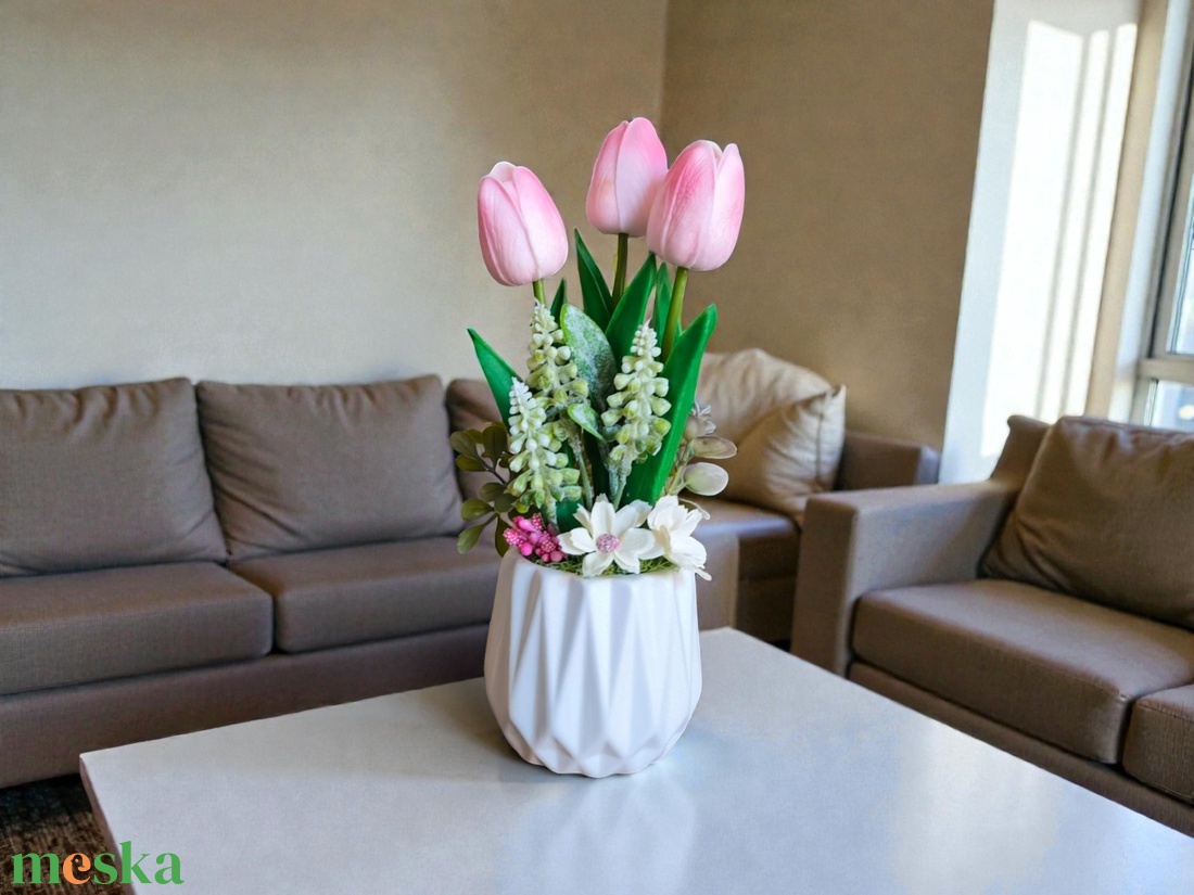 Rózsaszín cirmos tulipánok kerámiakaspóban TUG326RRS - otthon & életmód - virágdekoráció - virágdíszek - virágdísz kaspóban - Meska.hu