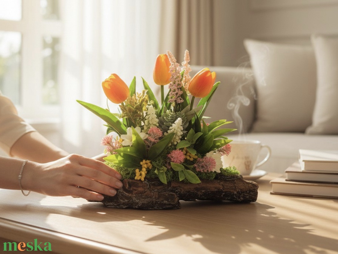 Tulipános asztaldísz faháncs alapon TUG328 - otthon & életmód - virágdekoráció - virágok - virágcsokor - Meska.hu