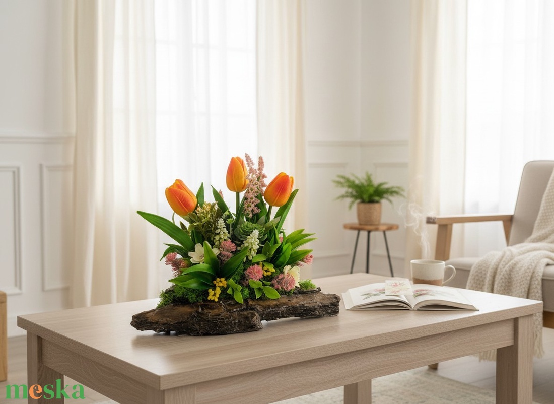 Tulipános asztaldísz faháncs alapon TUG328 - otthon & életmód - virágdekoráció - virágok - virágcsokor - Meska.hu