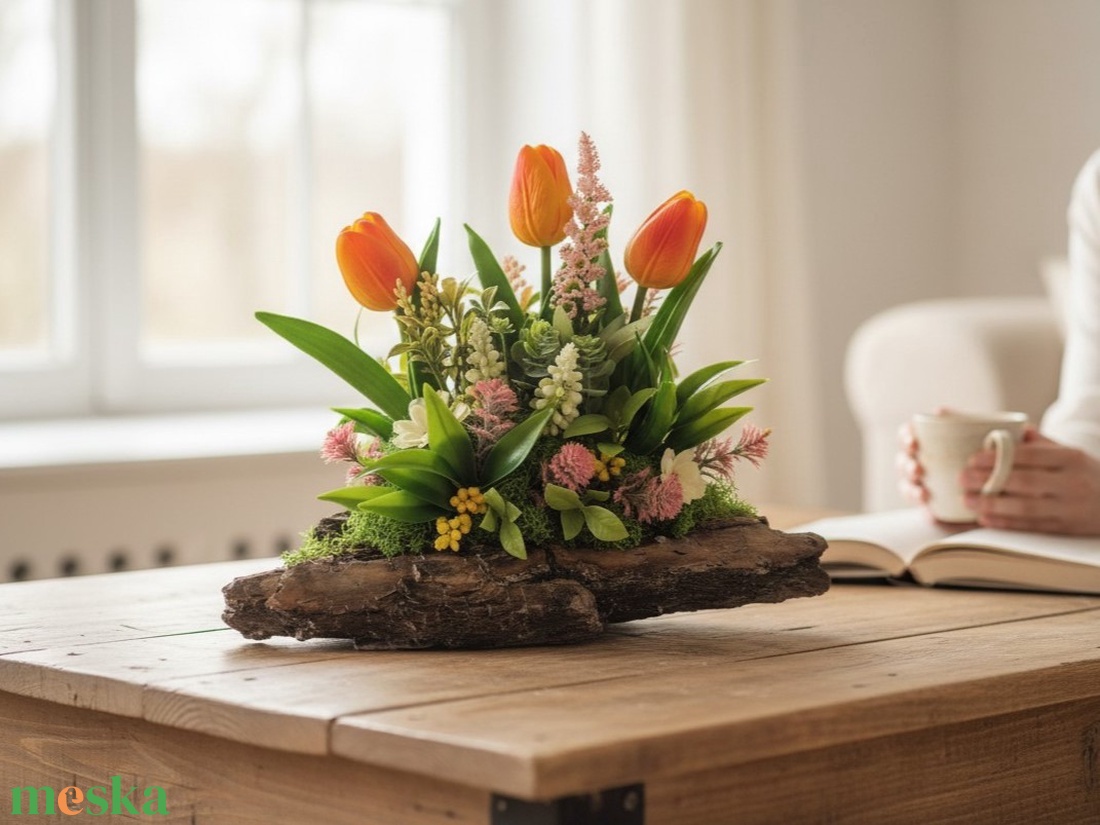 Tulipános asztaldísz faháncs alapon TUG328 - otthon & életmód - virágdekoráció - virágok - virágcsokor - Meska.hu