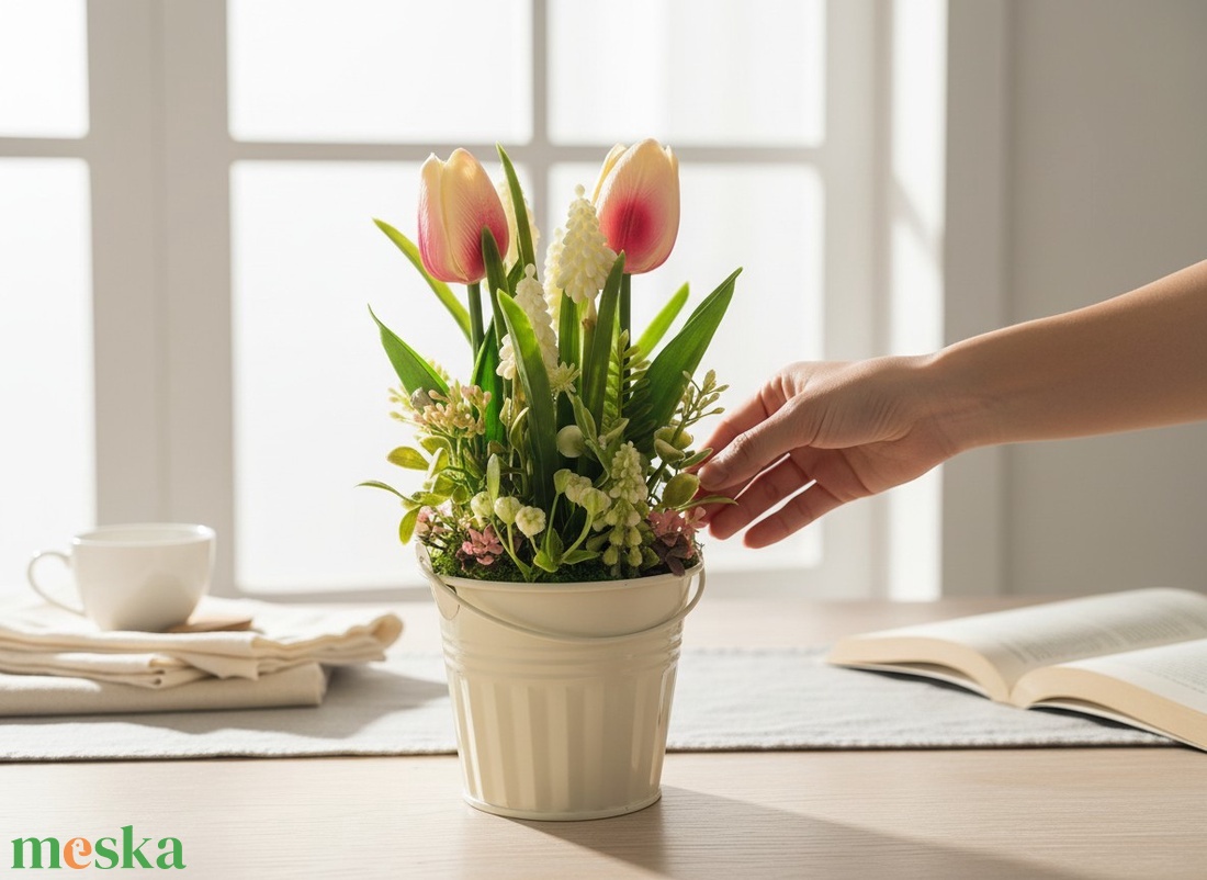 Tavaszi tulipános asztaldísz fém kaspóban TUG211 - otthon & életmód - virágdekoráció - virágdíszek - virágdísz kaspóban - Meska.hu