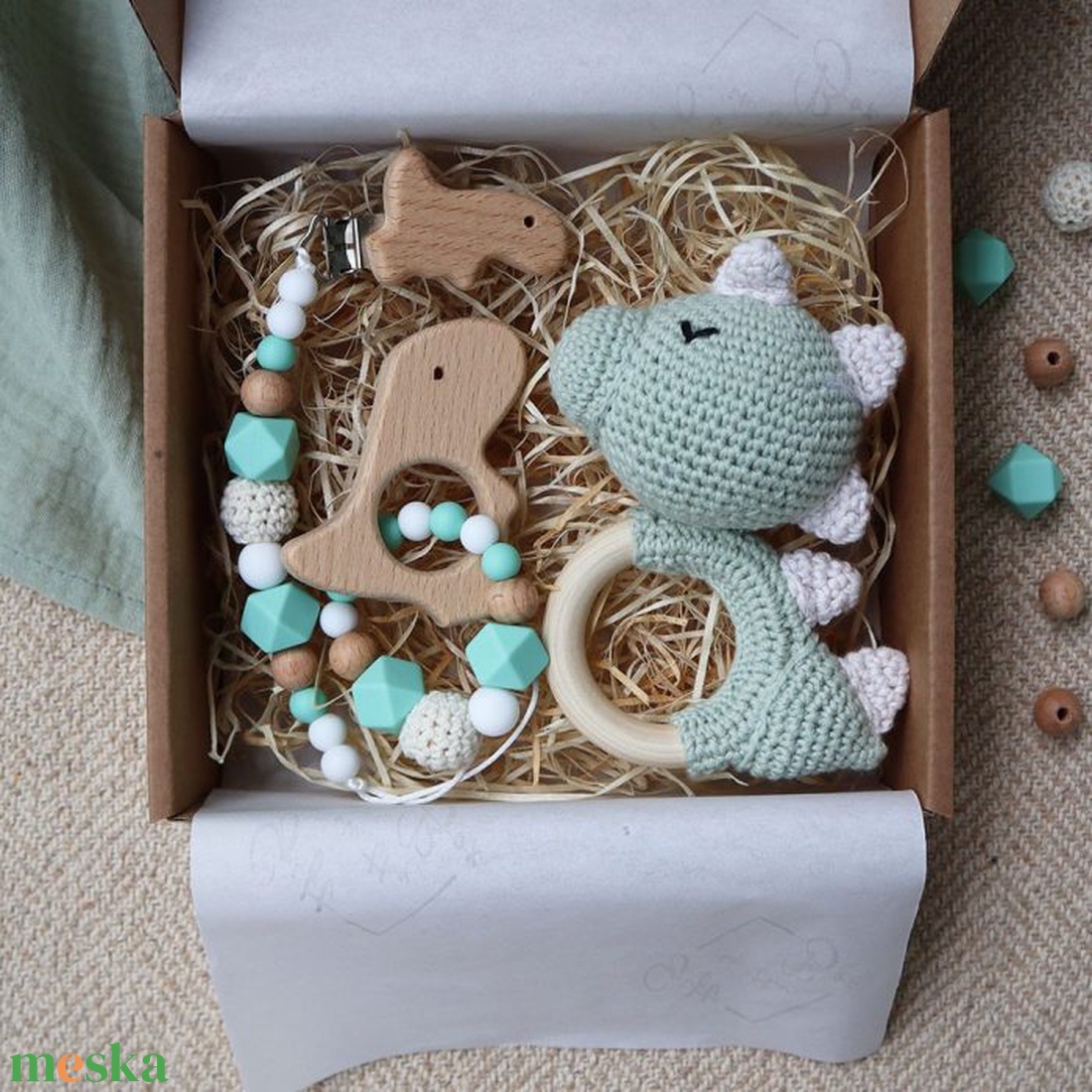 Mint Green Dino Selection Box - Baba ajándékdoboz / Babaváró ajándék / Babalátogató ajándék akciós termékkép 1