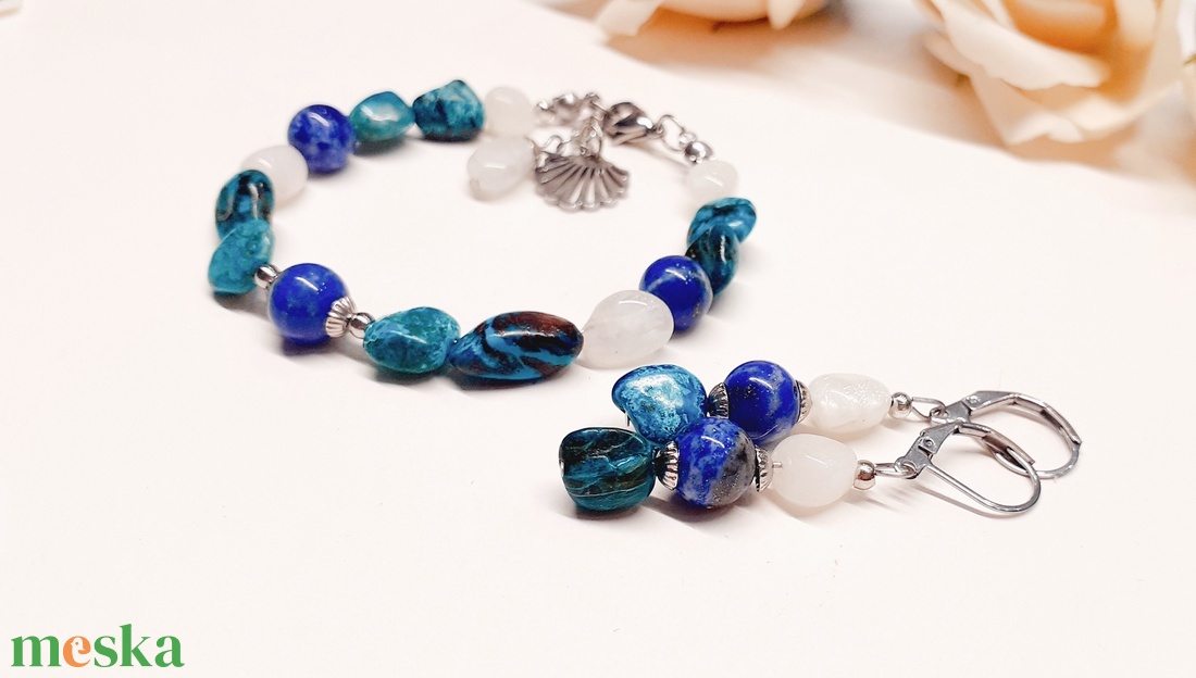 Krizokolla, szivárvány holdkő és lapis lazuli ásvány karkötő és fülbevaló - ékszer - ékszerszett - Meska.hu Krizokolla, szivárvány holdkő és lapis lazuli ásvány karkötő és fülbevaló - ékszer - ékszerszett - Meska.hu