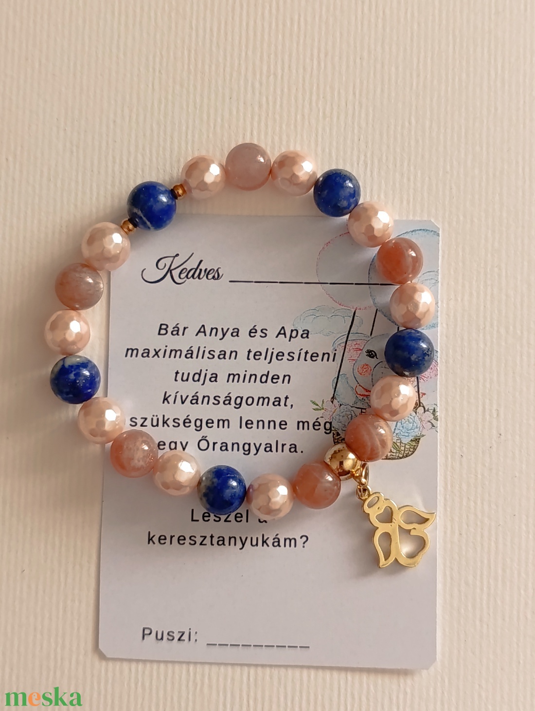 Keresztanya felkérő karkötő lapis lazulival, barack holdkővel és kagylóval - ékszer - karkötő - gyöngyös karkötő - Meska.hu Keresztanya felkérő karkötő lapis lazulival, barack holdkővel és kagylóval - ékszer - karkötő - gyöngyös karkötő - Meska.hu