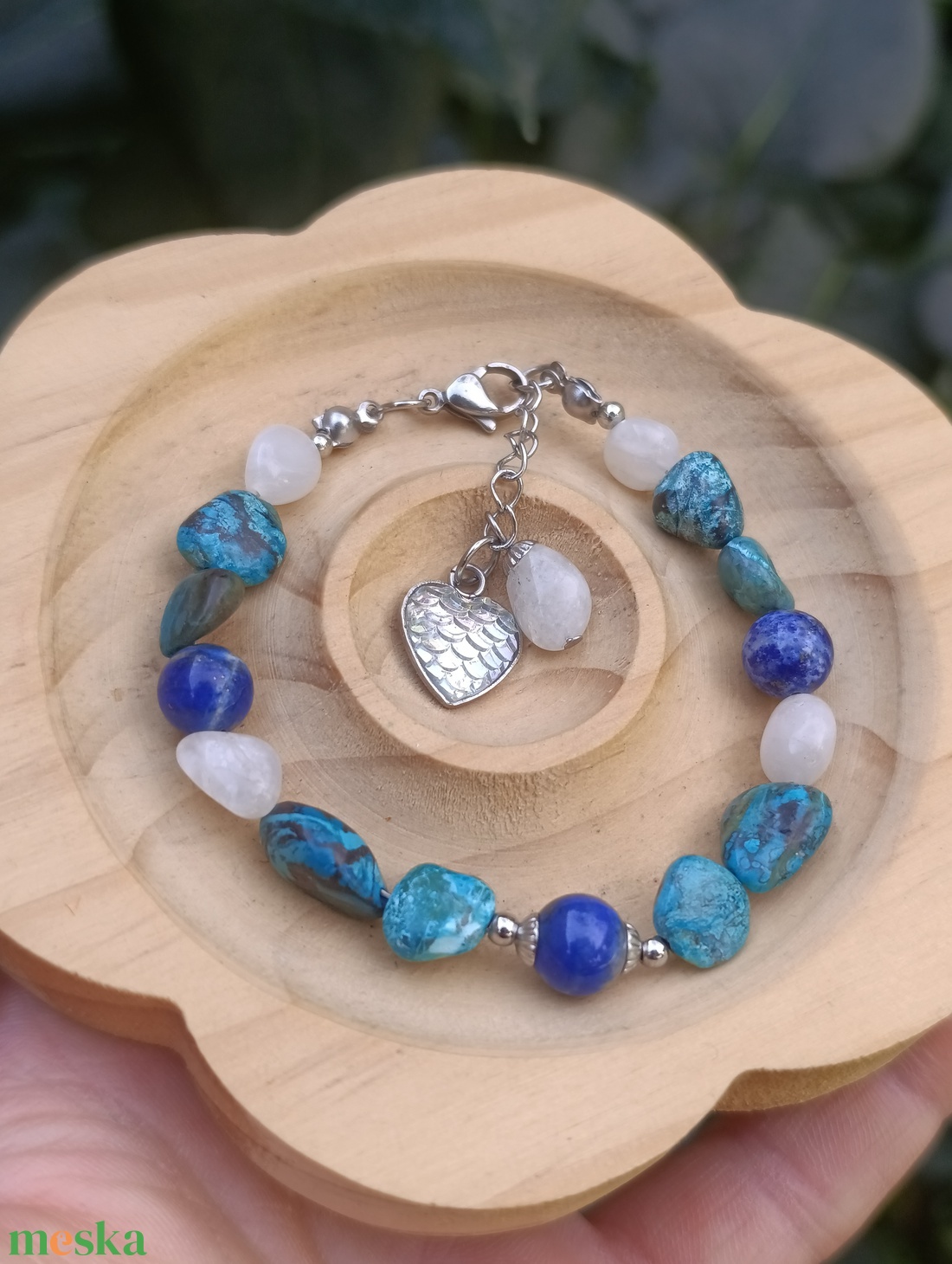 Krizokolla, szivárvány holdkő és lapis lazuli ásvány karkötő és fülbevaló - ékszer - ékszerszett - Meska.hu