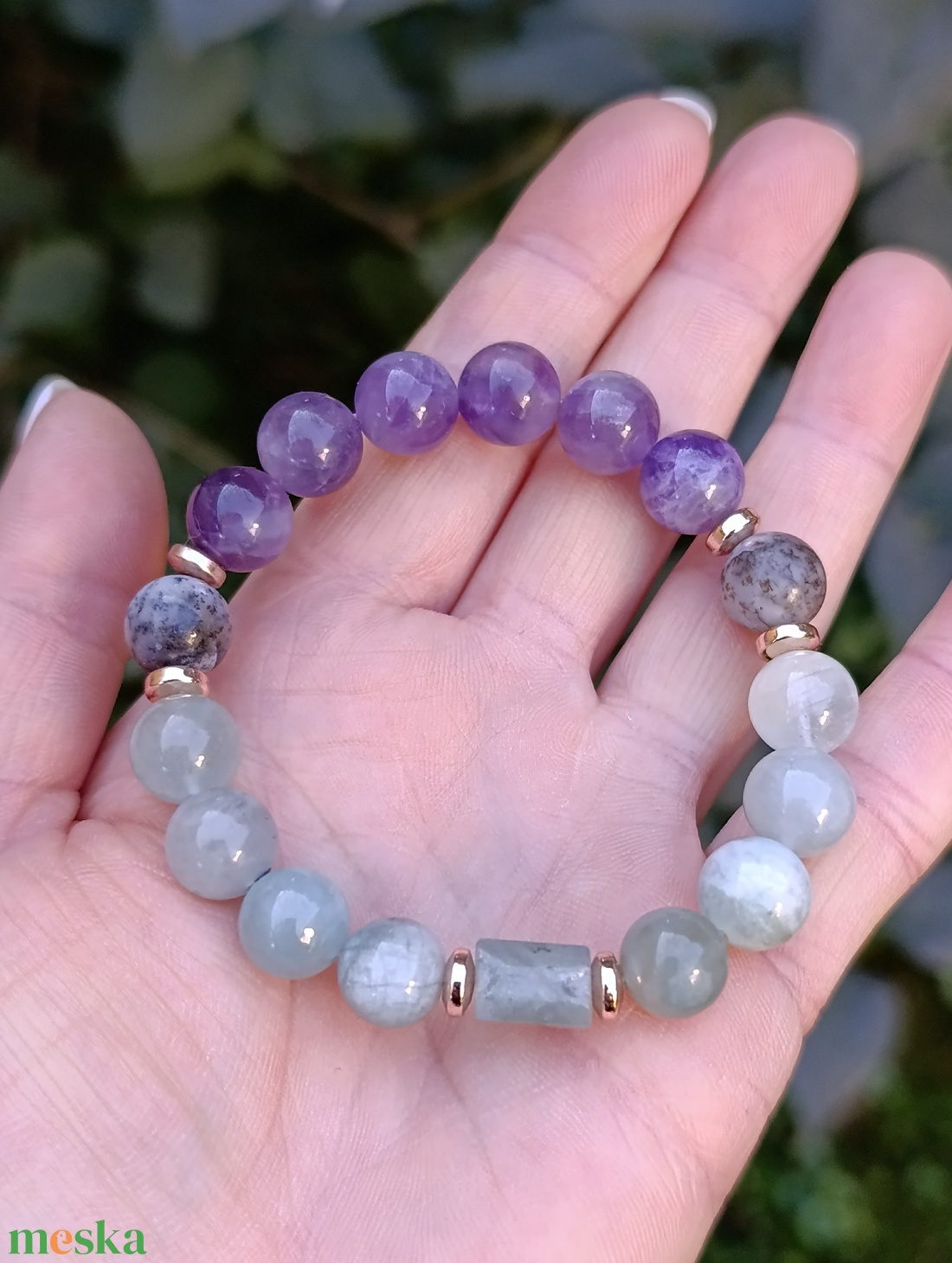 Szorongás - Túlgondolás - Stresz ellen - A minőségű akvamarin, merlinit és ametiszt ásványkarkötő - ékszer - karkötő - ásványkarkötő - Meska.hu