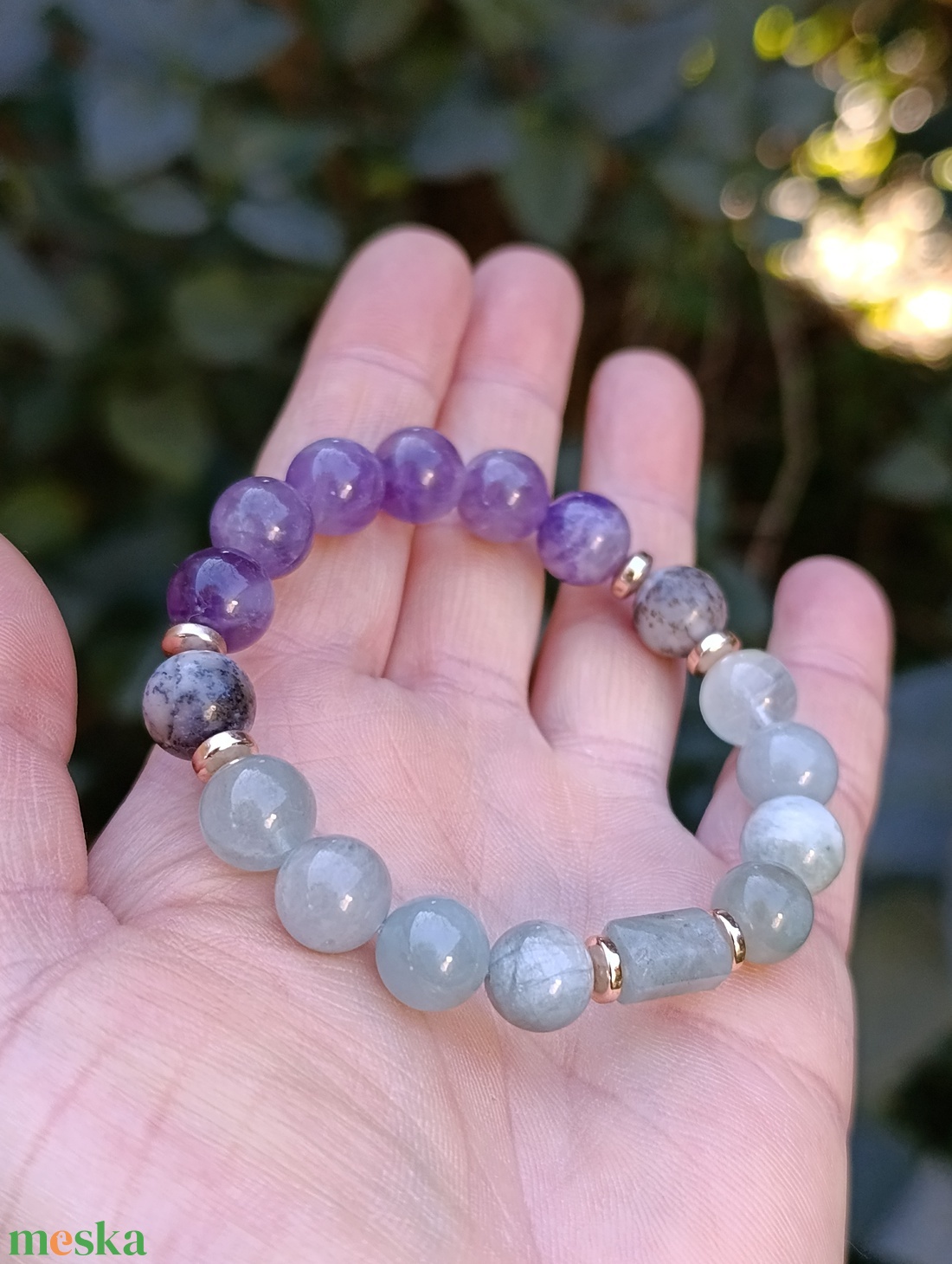 Szorongás - Túlgondolás - Stresz ellen - A minőségű akvamarin, merlinit és ametiszt ásványkarkötő - ékszer - karkötő - ásványkarkötő - Meska.hu