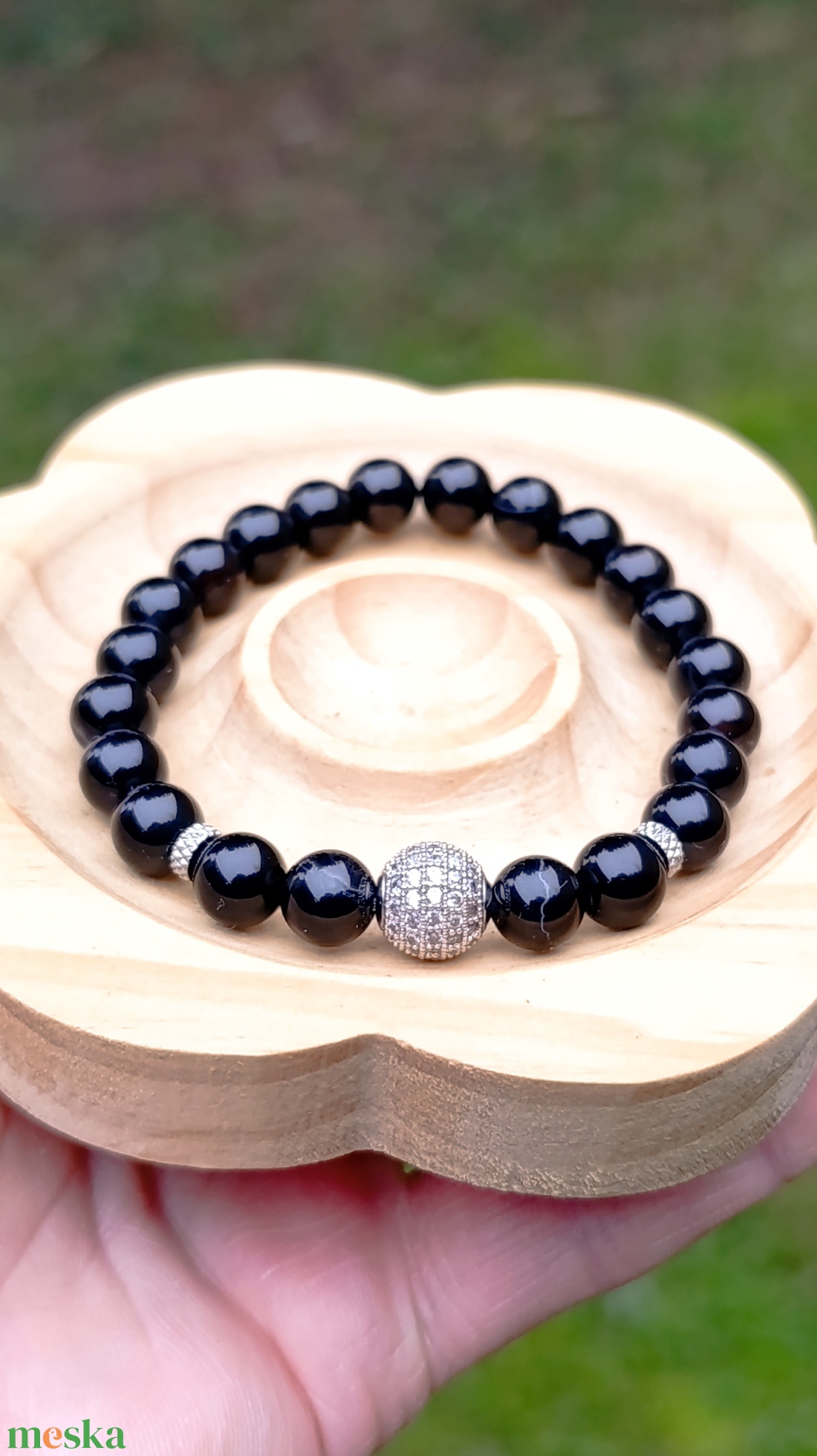Fekete ónix ásványkarkötő cirkónia gömbbel - ékszer - karkötő - ásványkarkötő - Meska.hu