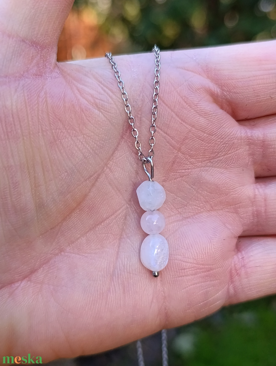 Szivárvány holdkő, akvamarin és rózsakvarc nyaklánc - ékszer - nyaklánc - medálos nyaklánc - Meska.hu