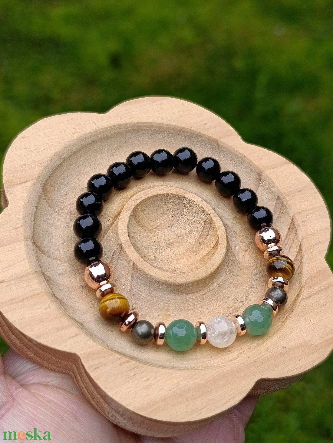 Bőségtudat női ásványkarkötő aventurinnal, tigrisszemmel, pirittel, hematittal és ónixszal - ékszer - karkötő - ásványkarkötő - Meska.hu