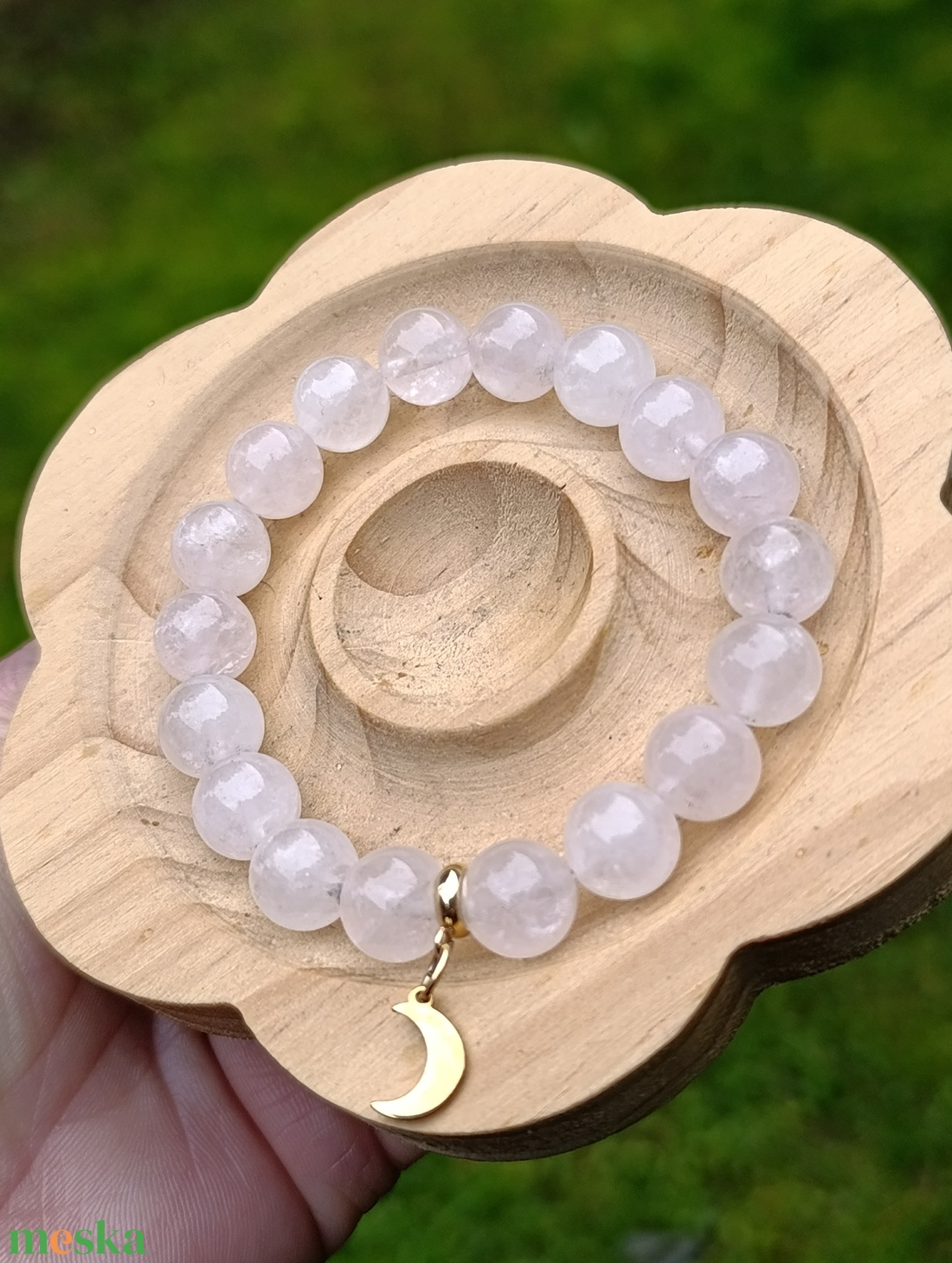 Rózsakvarc ásvány karkötő nemesacél Hold medállal - ékszer - karkötő - ásványkarkötő - Meska.hu
