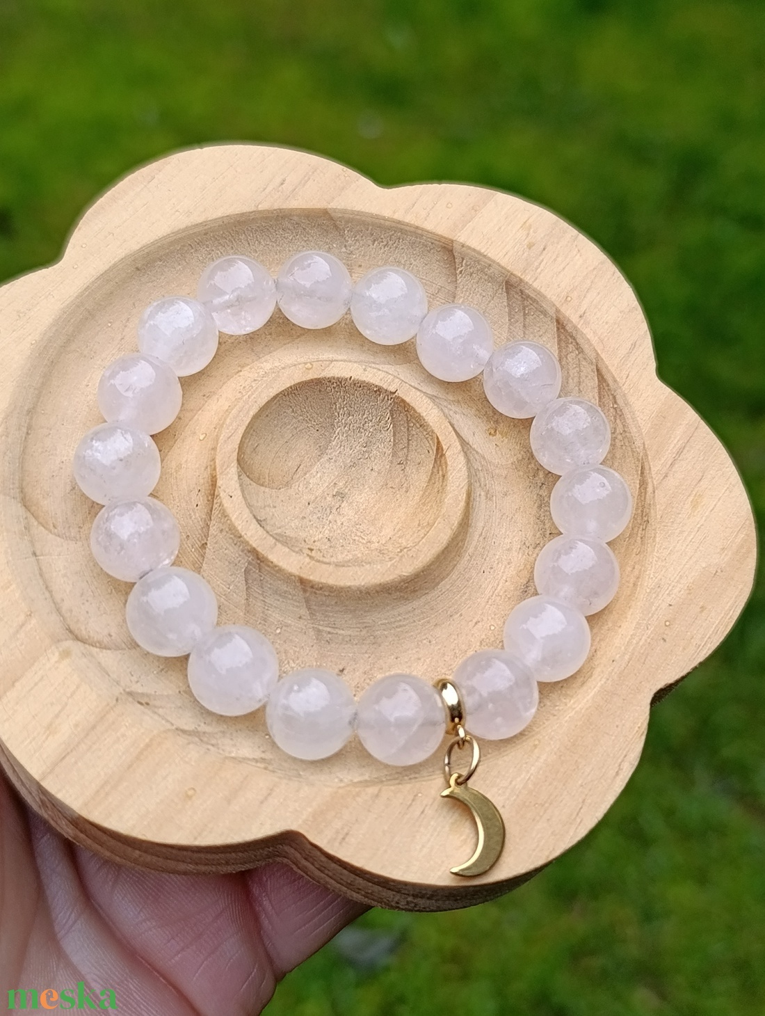 Rózsakvarc ásvány karkötő nemesacél Hold medállal - ékszer - karkötő - ásványkarkötő - Meska.hu