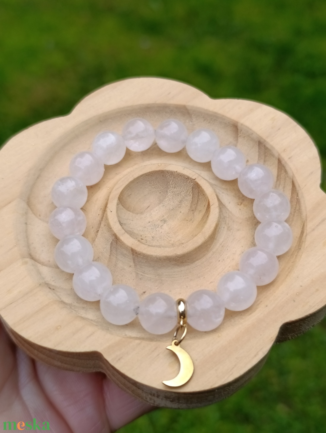 Rózsakvarc ásvány karkötő nemesacél Hold medállal - ékszer - karkötő - ásványkarkötő - Meska.hu
