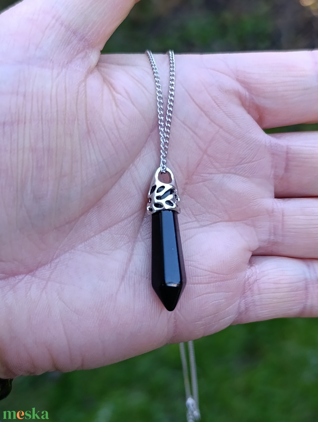 Védelmező fekete obszidián szett, nyaklánc csúcsmedállal és karkötővel - ékszer - karkötő - ásványkarkötő - Meska.hu