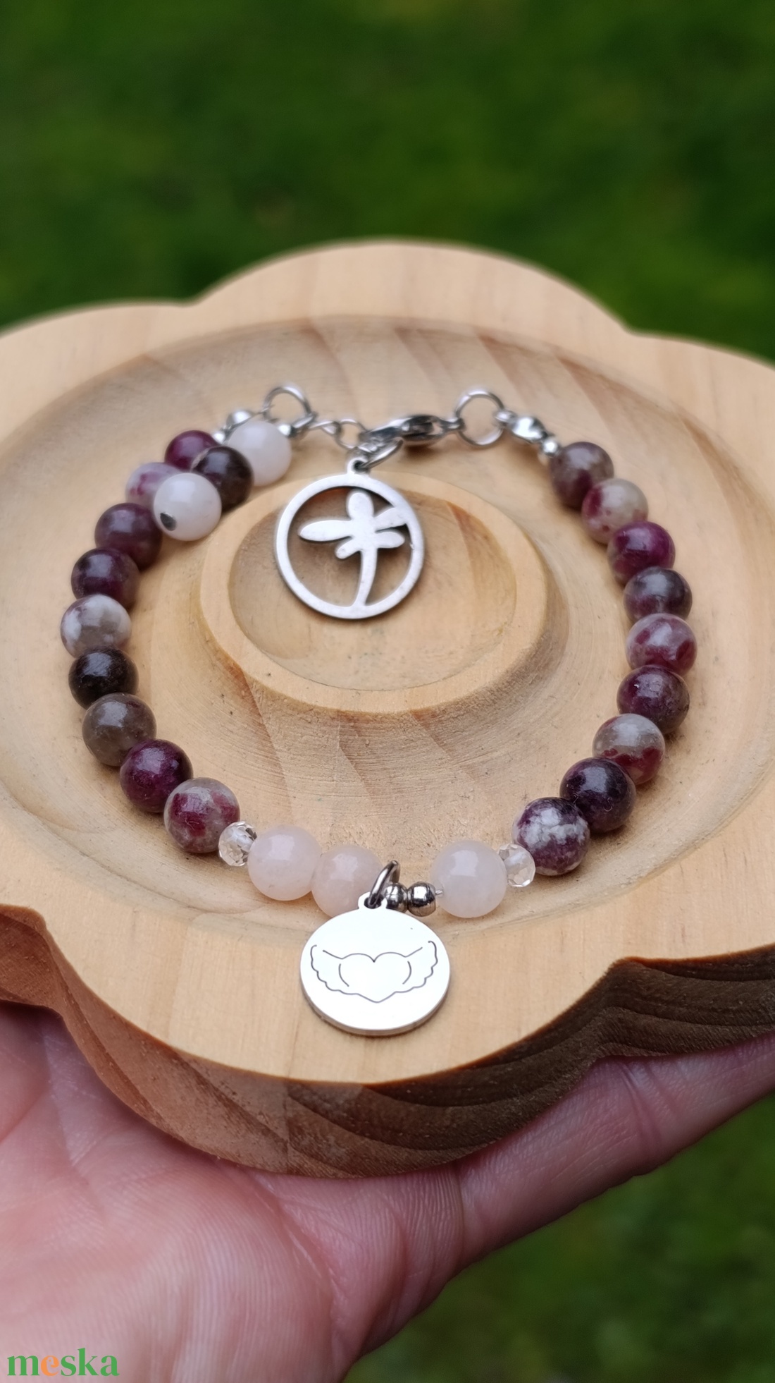 Turmalin rubellit, morganit és hegyikristály karkötő az érzelmi egyensúlyért - ékszer - karkötő - ásványkarkötő - Meska.hu