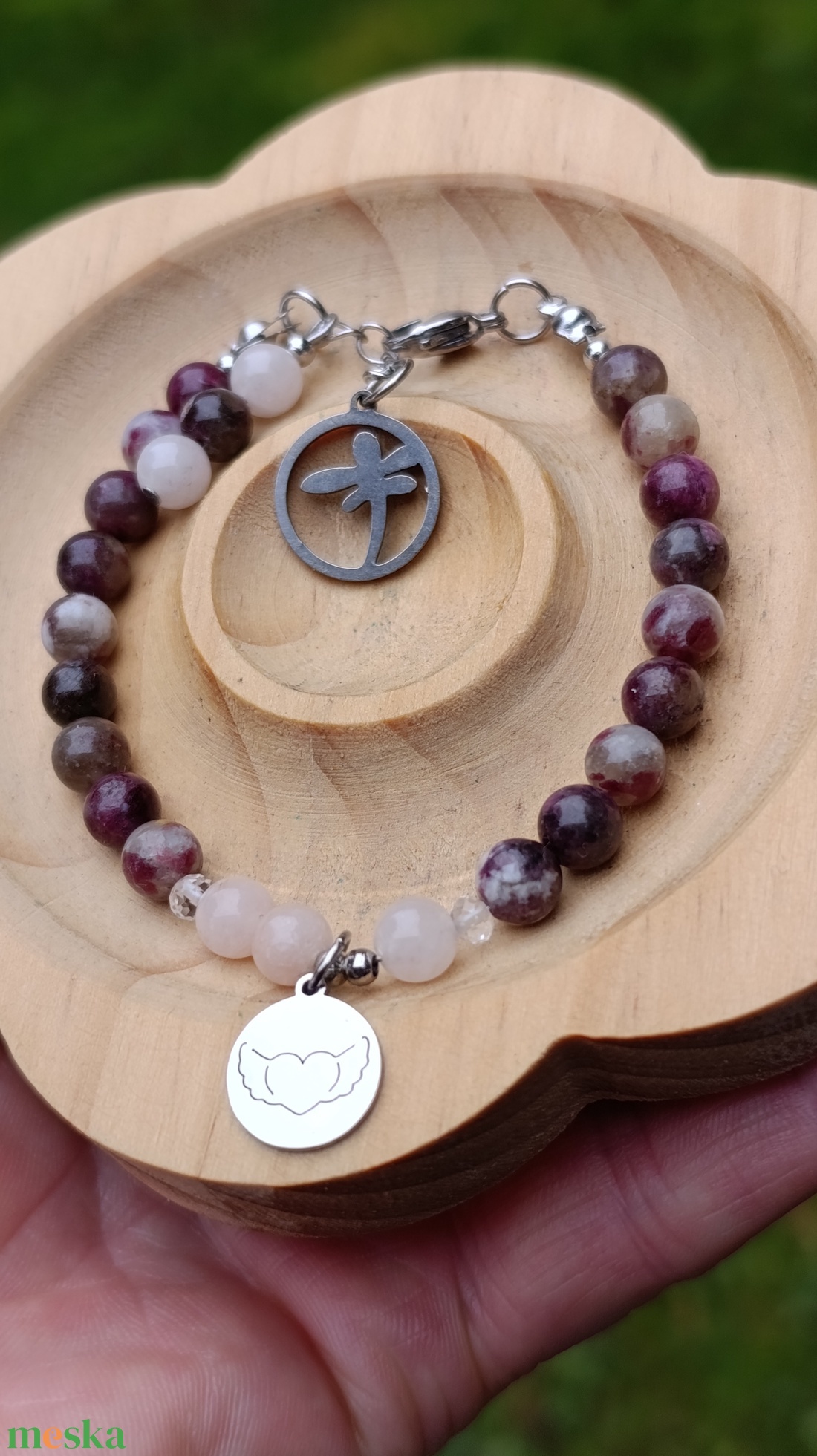 Turmalin rubellit, morganit és hegyikristály karkötő az érzelmi egyensúlyért - ékszer - karkötő - ásványkarkötő - Meska.hu