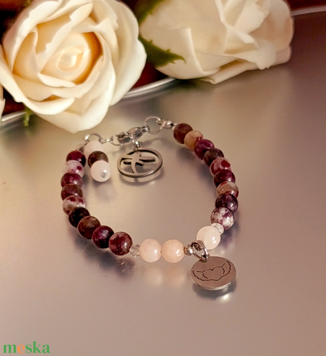 Turmalin rubellit, morganit és hegyikristály karkötő az érzelmi egyensúlyért - ékszer - karkötő - ásványkarkötő - Meska.hu