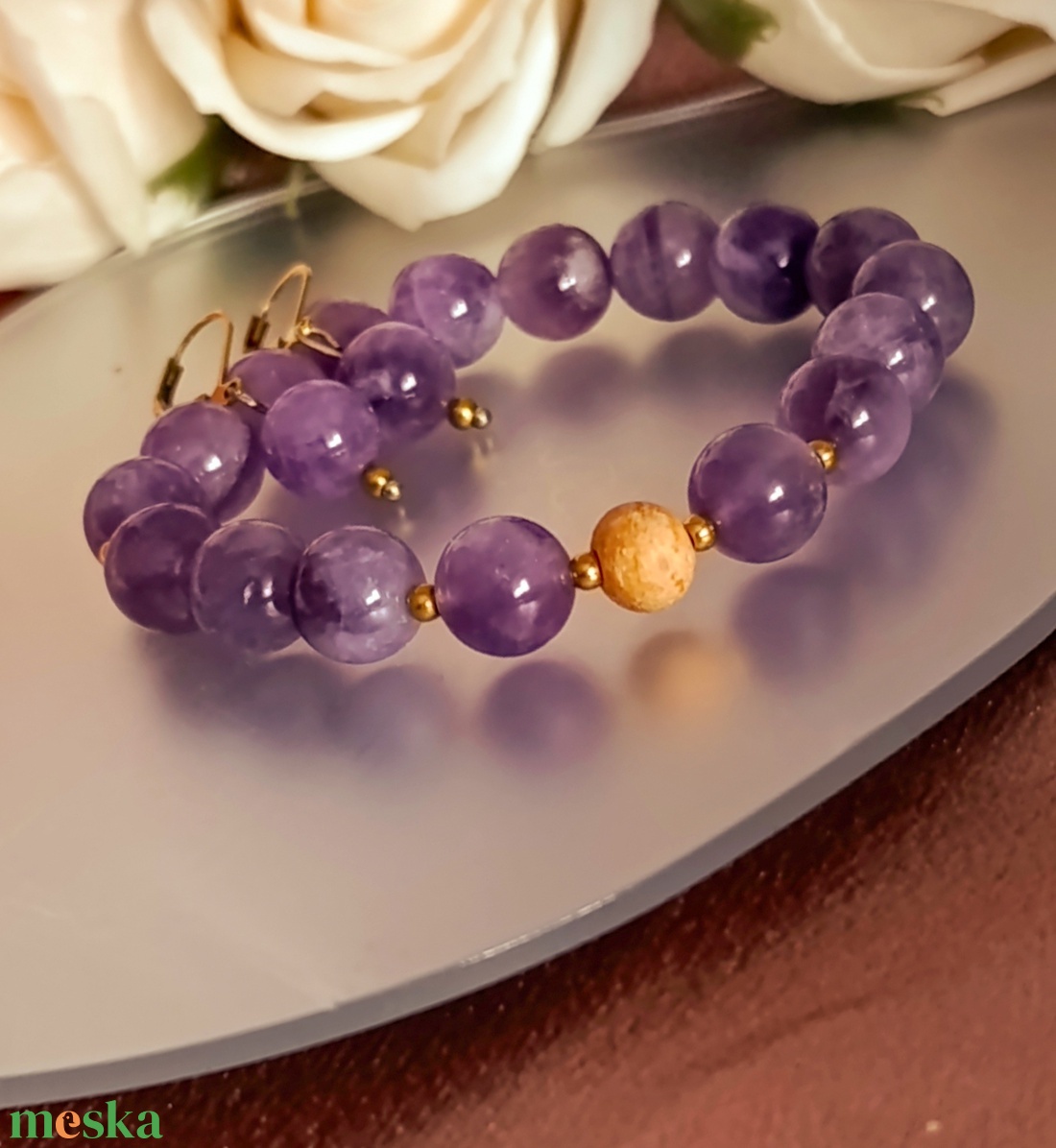 Ametiszt ásványkarkötő illatos Palo Santoval és fülbevalóval - ékszer - ékszerszett - Meska.hu