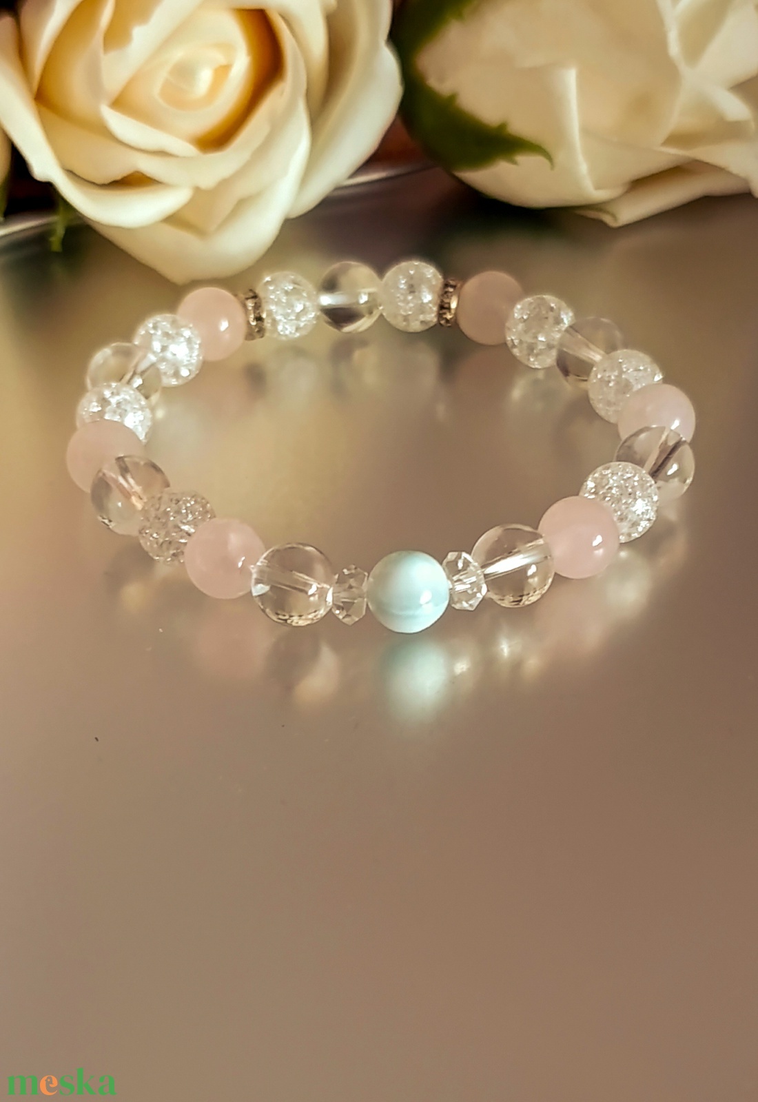 Larimár, madagaszkári rózsakvarc és hegyikristály női ásvány karkötő - ékszer - karkötő - ásványkarkötő - Meska.hu