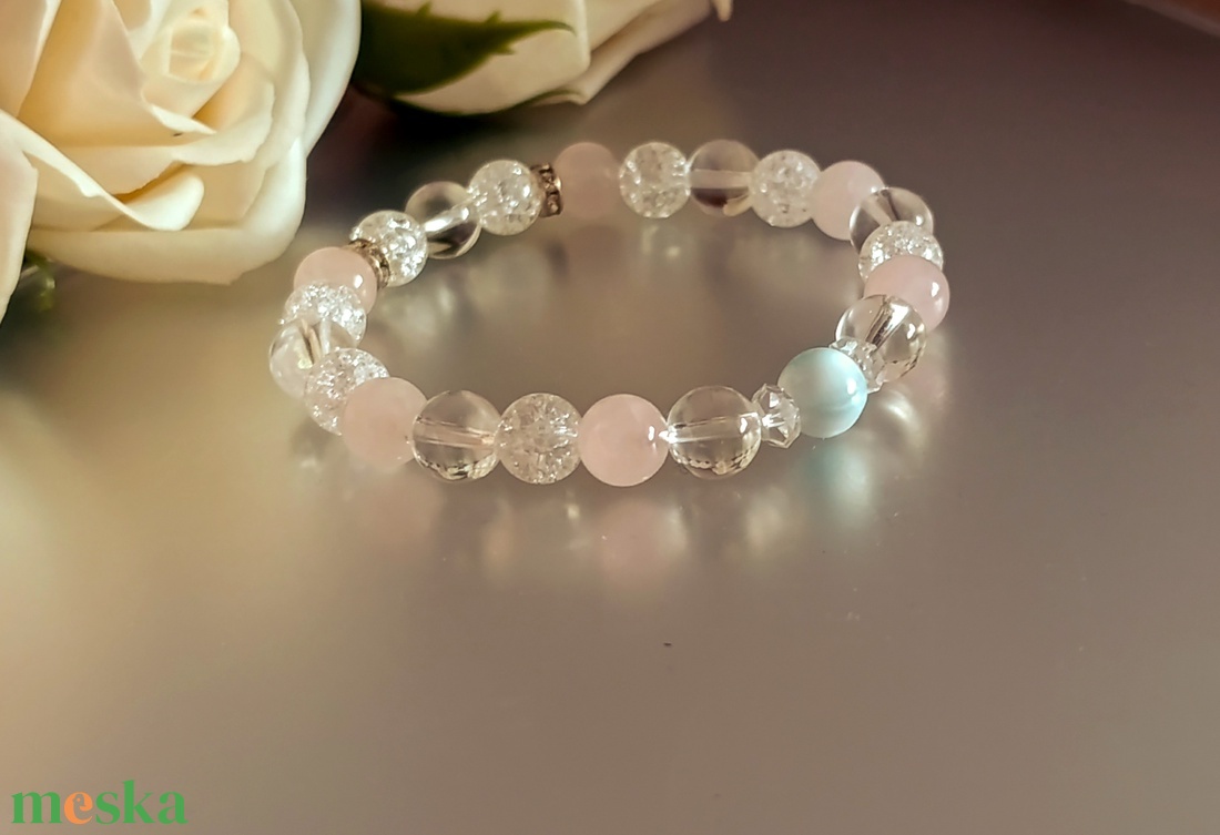 Larimár, madagaszkári rózsakvarc és hegyikristály női ásvány karkötő - ékszer - karkötő - ásványkarkötő - Meska.hu