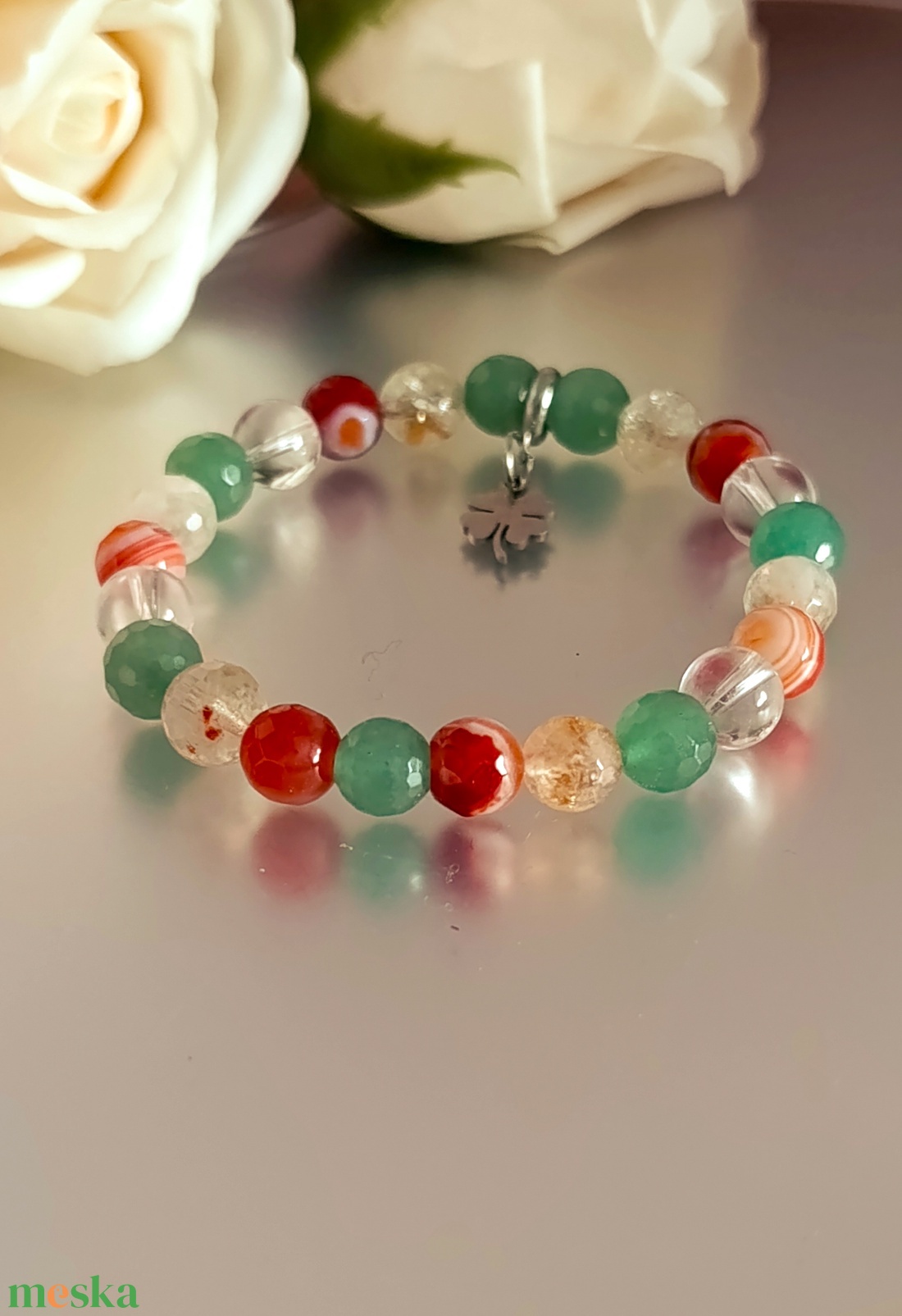 Szerencse és bőség ásványkarkötő citrinnel, aventurinnal, sávos karneollal és hegyikristállyal, lóhere medállal - ékszer - karkötő - ásványkarkötő - Meska.hu