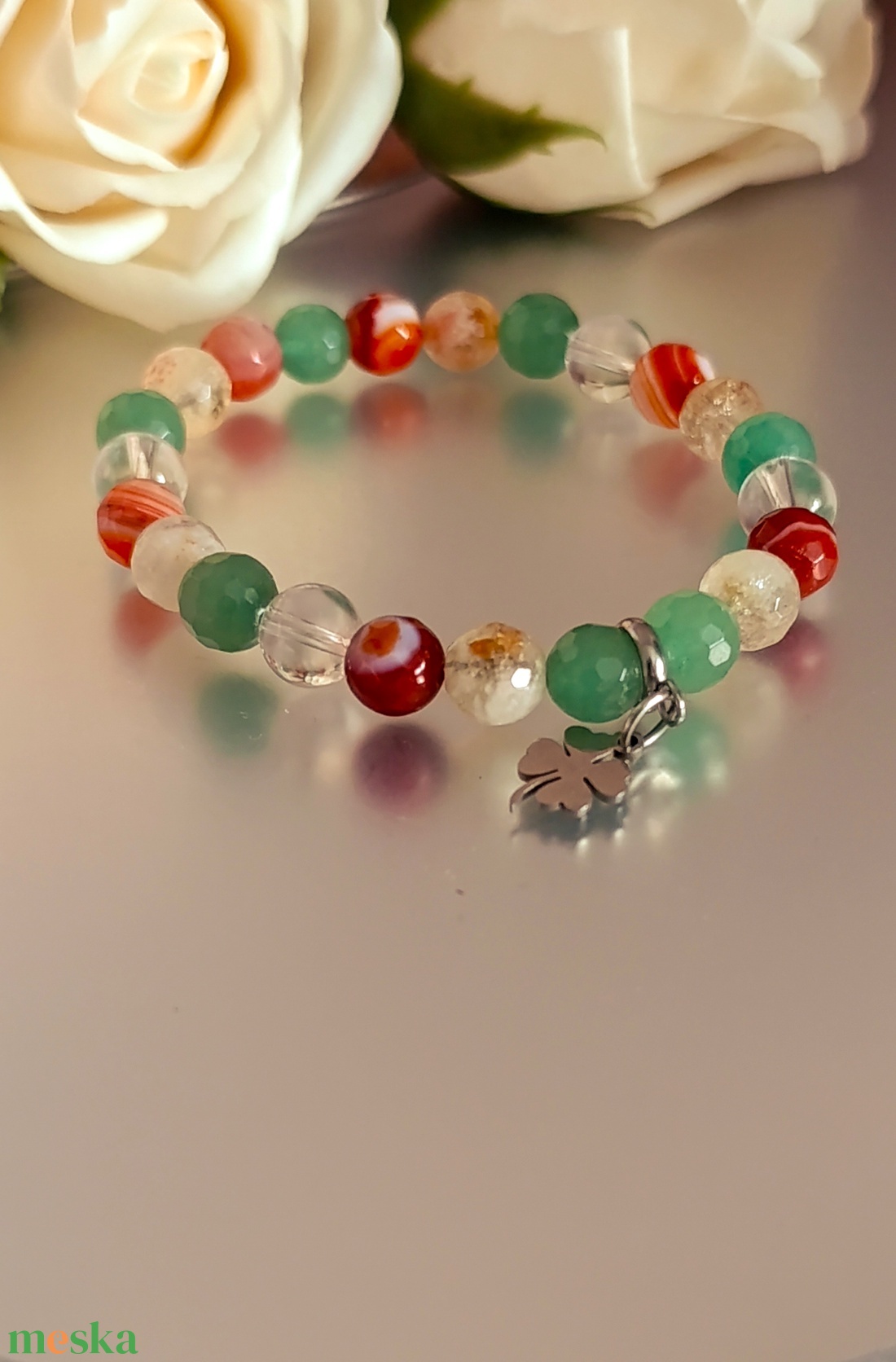 Szerencse és bőség ásványkarkötő citrinnel, aventurinnal, sávos karneollal és hegyikristállyal, lóhere medállal - ékszer - karkötő - ásványkarkötő - Meska.hu