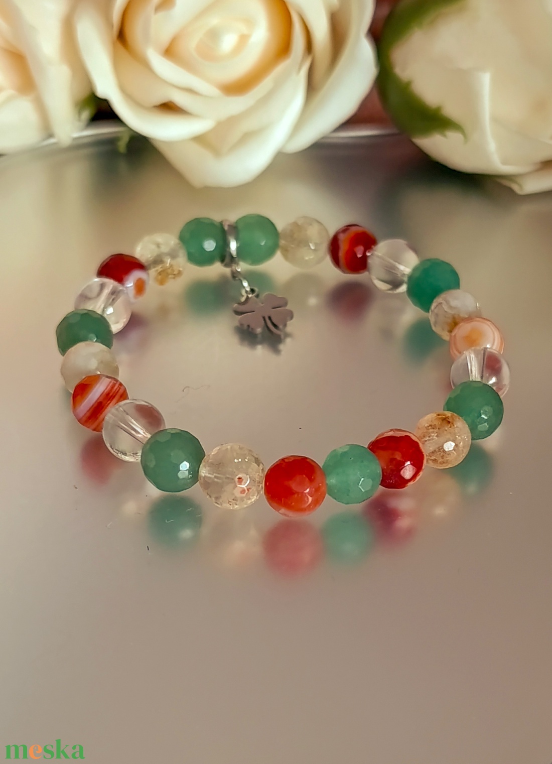 Szerencse és bőség ásványkarkötő citrinnel, aventurinnal, sávos karneollal és hegyikristállyal, lóhere medállal - ékszer - karkötő - ásványkarkötő - Meska.hu