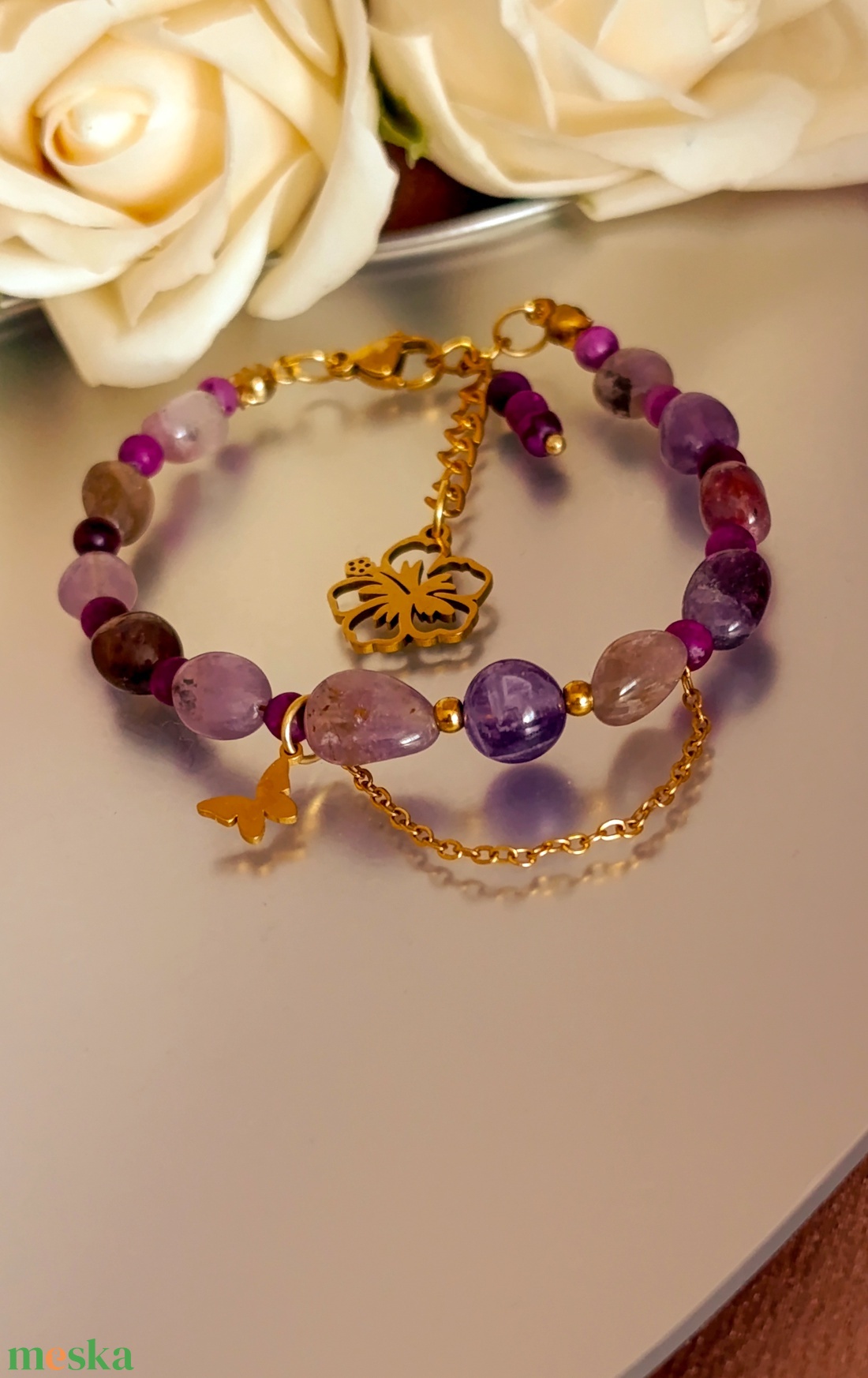 Szuper7-es, matt csaroit és chevron ametiszt kapcsos ásványkarkötő - ékszer - karkötő - ásványkarkötő - Meska.hu