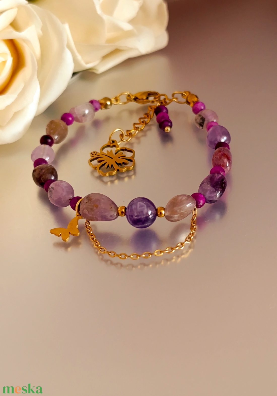 Szuper7-es, matt csaroit és chevron ametiszt kapcsos ásványkarkötő - ékszer - karkötő - ásványkarkötő - Meska.hu