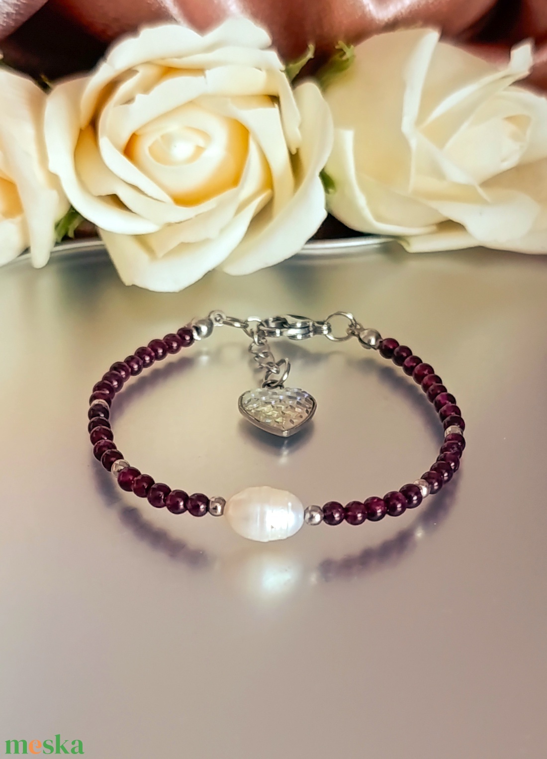 Gránát és édesvízi gyöngy kapcsos ásványkarkötő   - ékszer - karkötő - ásványkarkötő - Meska.hu