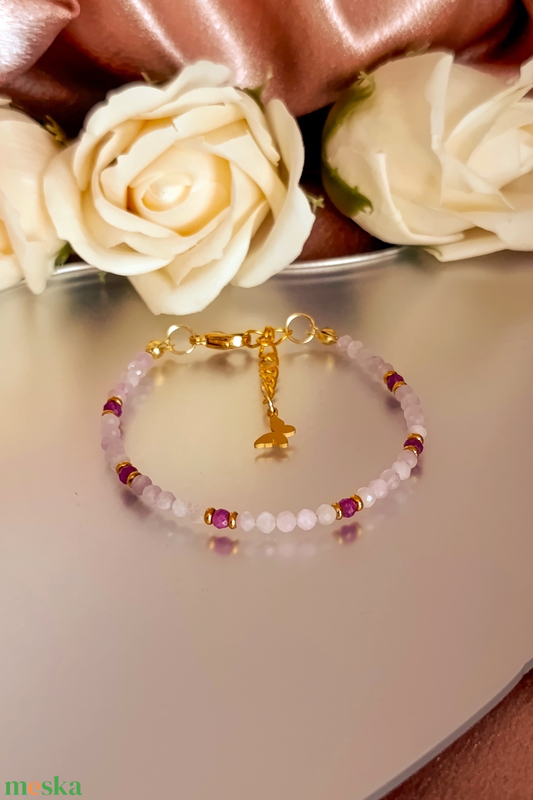 Kunzit rubinnal az önazonosságért, a szívtér nyitásáért és belső erőért  - ékszer - karkötő - ásványkarkötő - Meska.hu