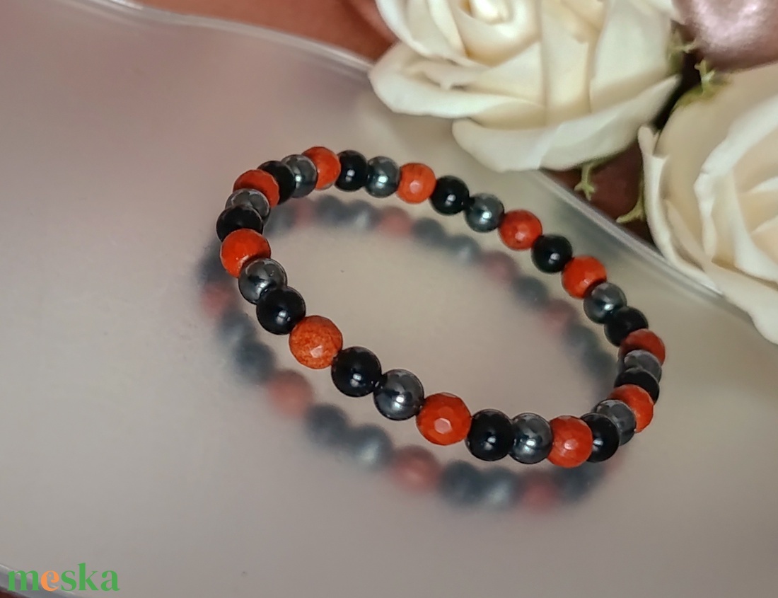Védelmező vörös jáspis, ónix és hematit ásványkarkötő - ékszer - karkötő - ásványkarkötő - Meska.hu