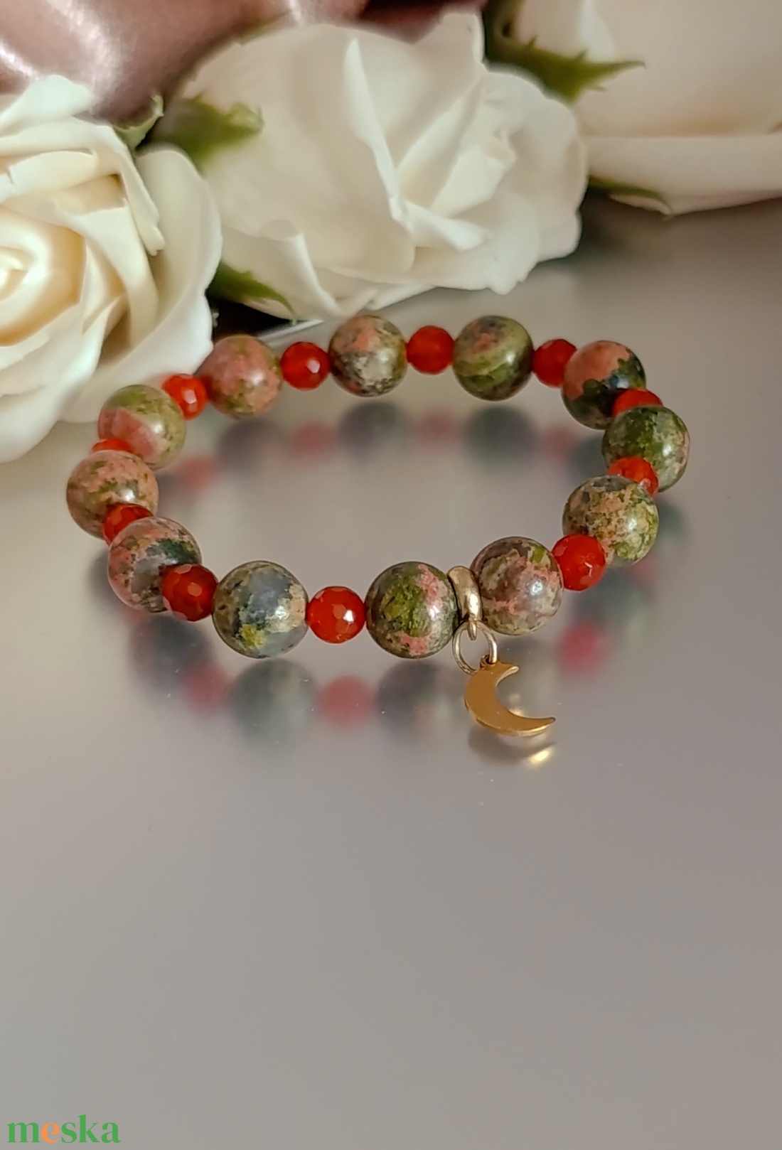 Unakit és karneol ásványkarkötő � a nőiességért, harmóniáért és belső gyógyulásért - ékszer - karkötő - ásványkarkötő - Meska.hu