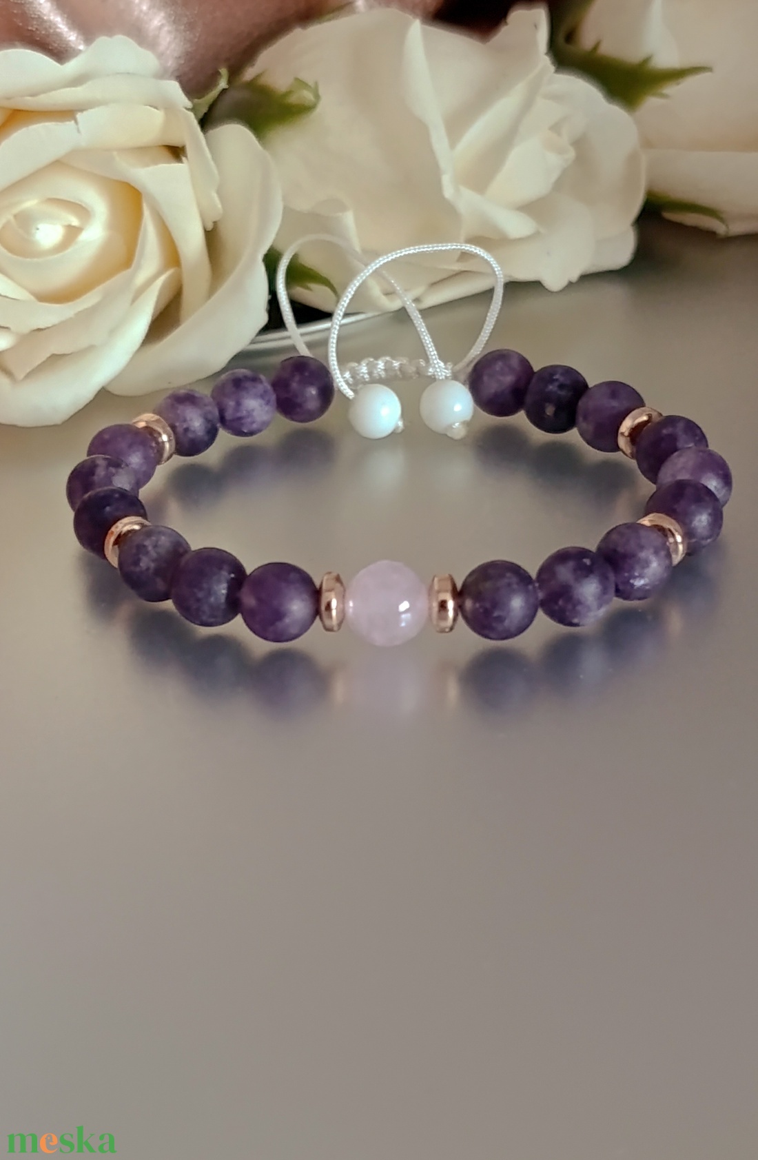 Lepidolit és levendula ametiszt állítható ásványkarkötő - ékszer - karkötő - ásványkarkötő - Meska.hu