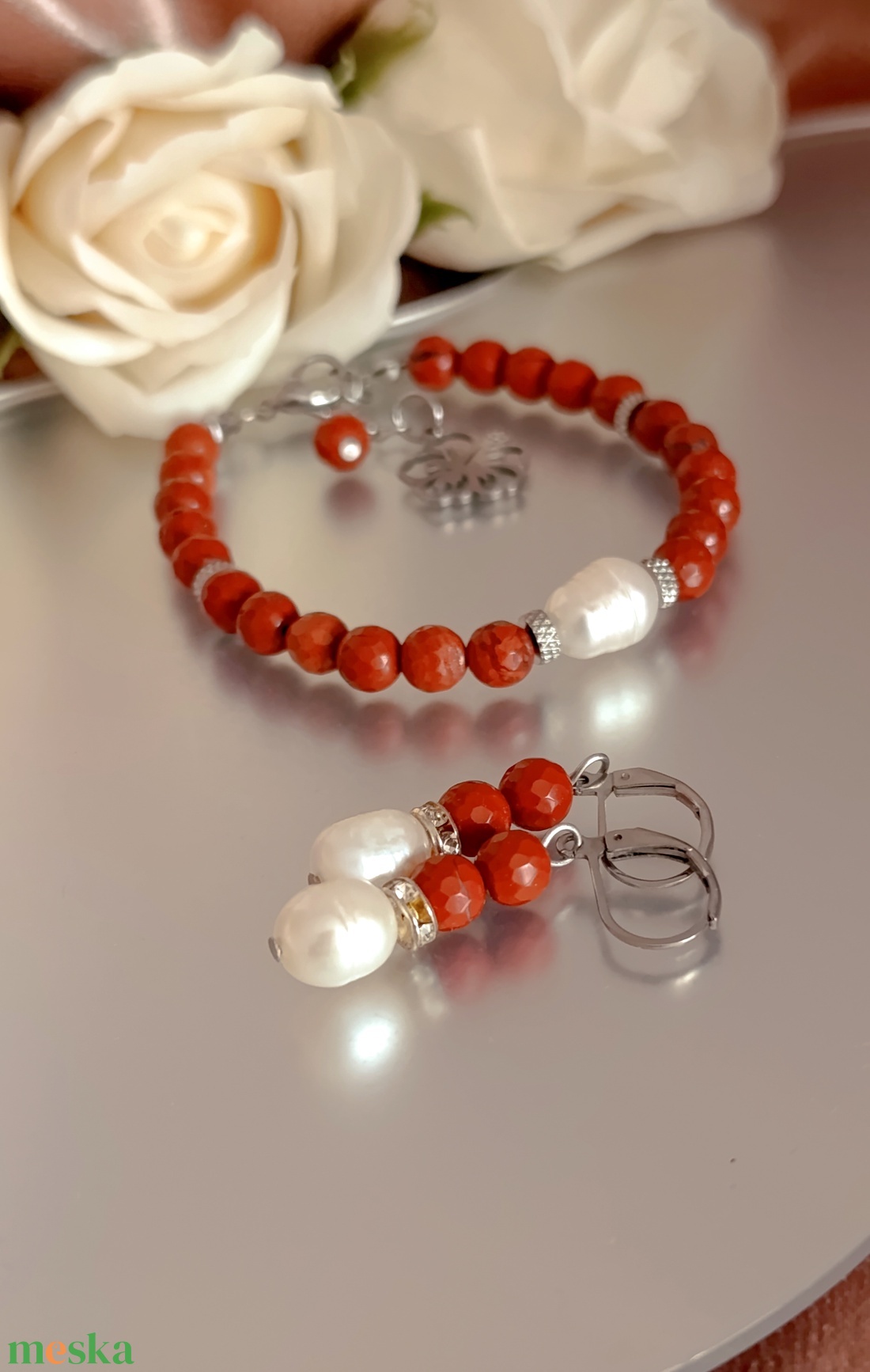 Édesvízi gyöngy és vörös jáspis ékszerszett - esküvő - ékszer - ékszerszett - Meska.hu