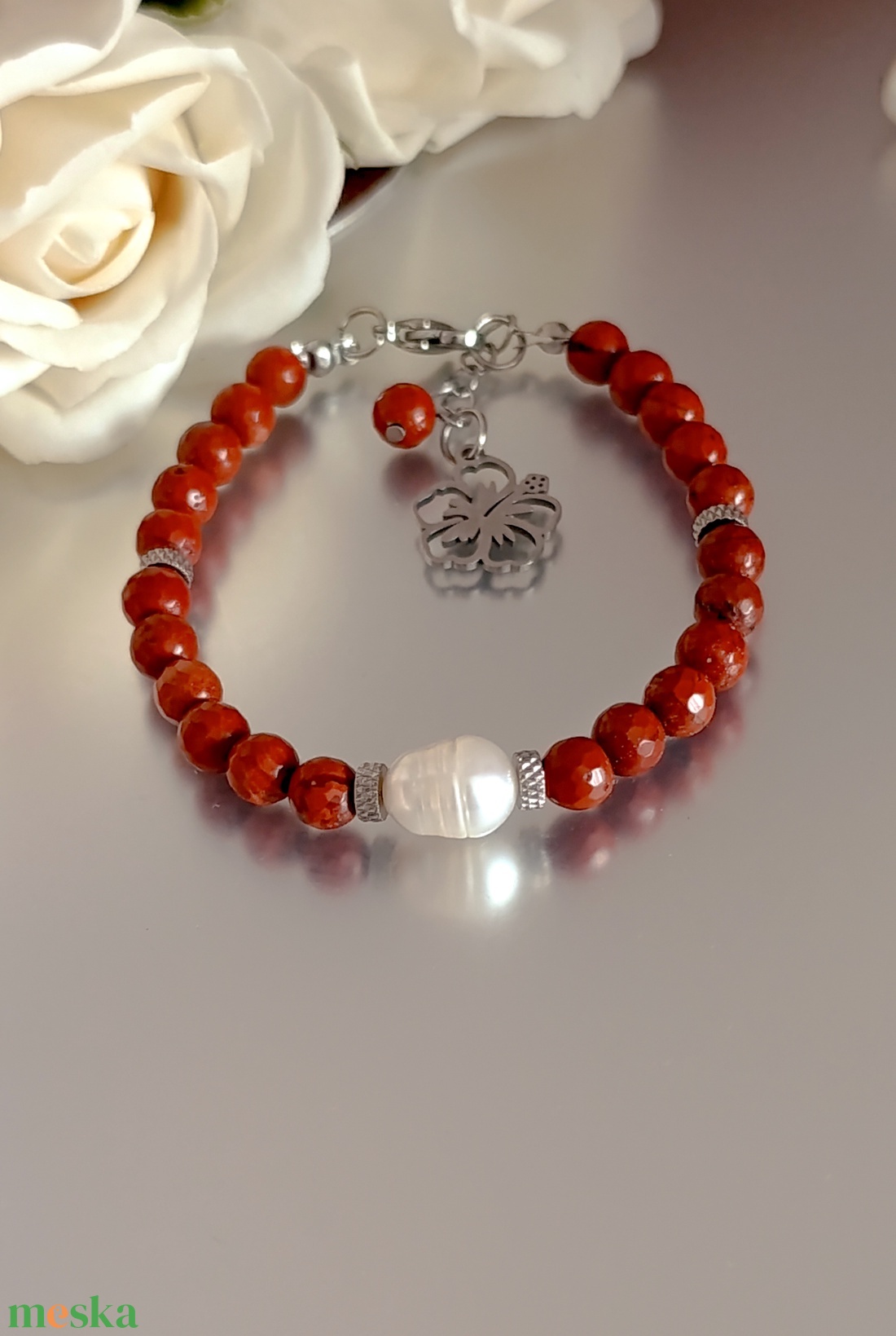 Édesvízi gyöngy és vörös jáspis ékszerszett - esküvő - ékszer - ékszerszett - Meska.hu