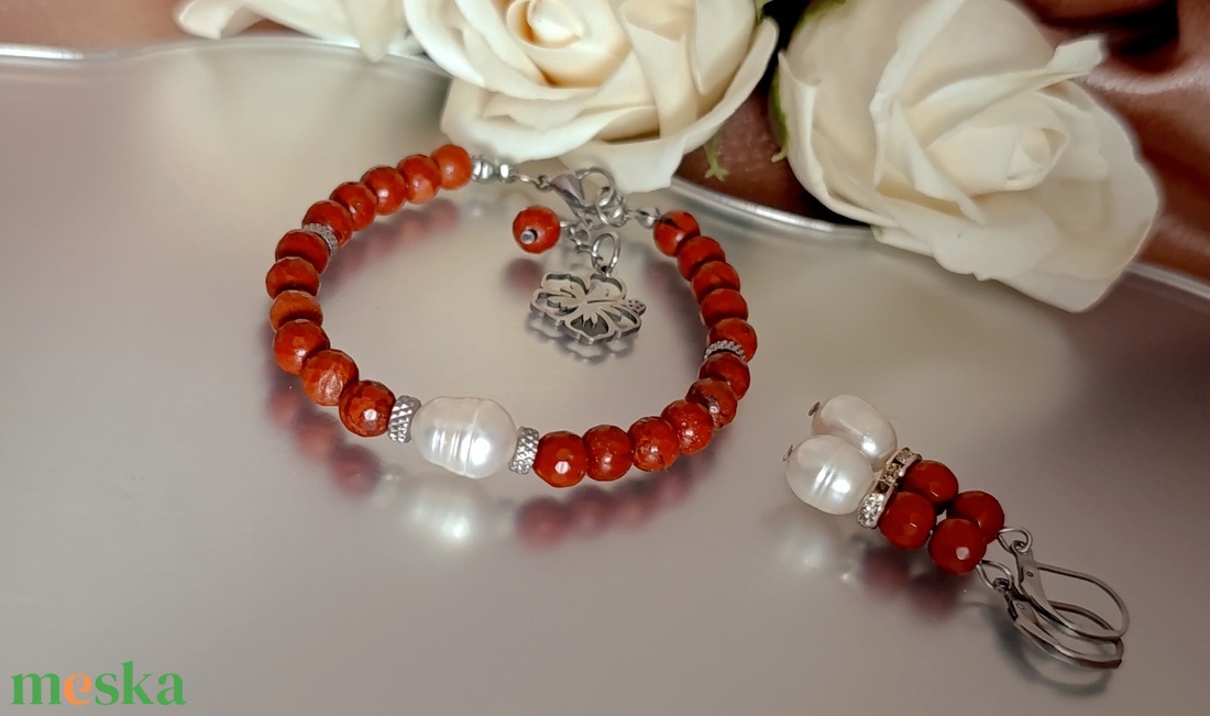 Édesvízi gyöngy és vörös jáspis ékszerszett - esküvő - ékszer - ékszerszett - Meska.hu