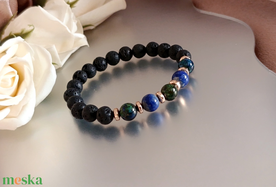 Azurit-malachit, lapis lazuli, hematit és lávakő női ásvány karkötő, aroma ékszer - ékszer - karkötő - ásványkarkötő - Meska.hu