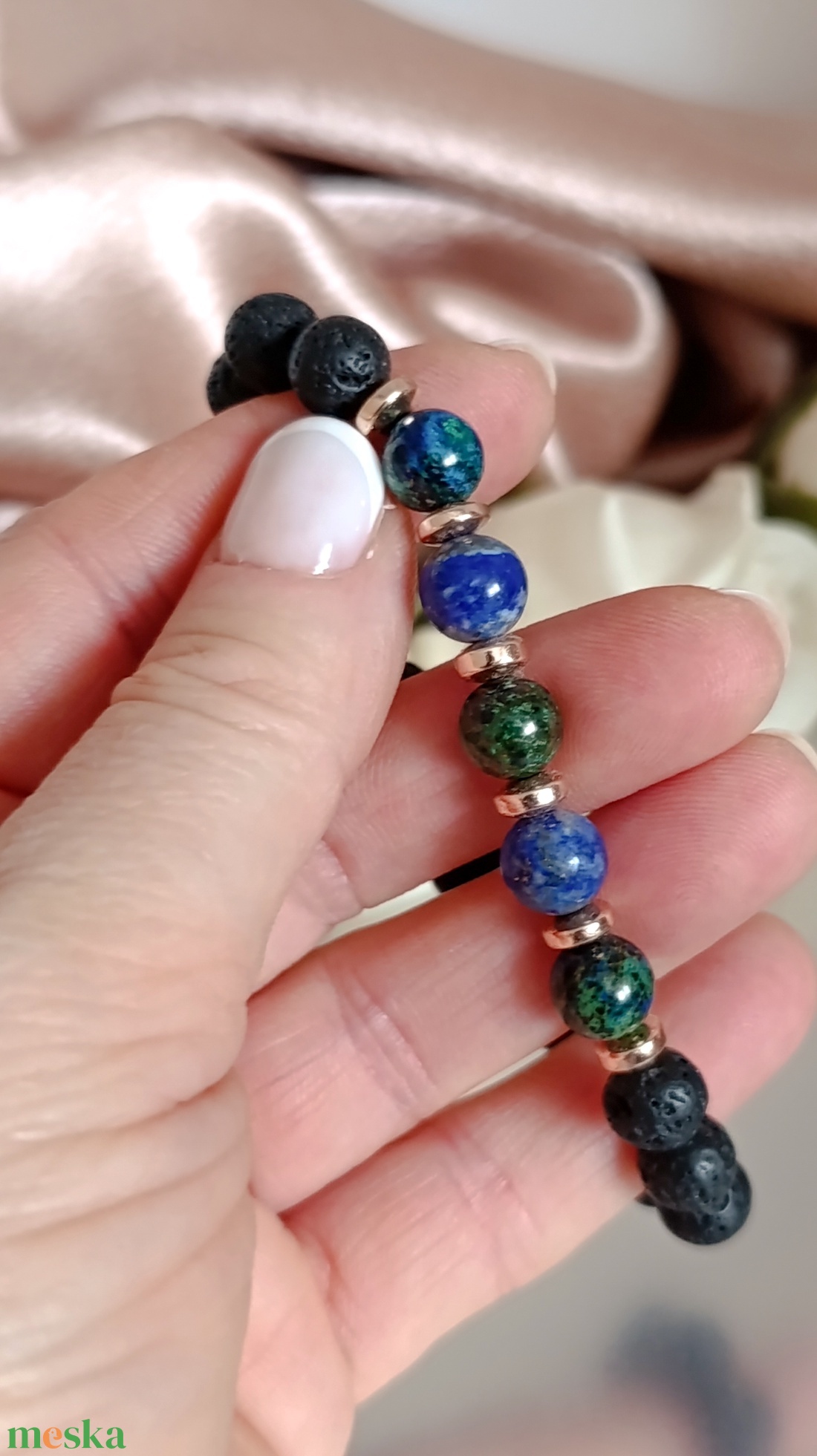 Azurit-malachit, lapis lazuli, hematit és lávakő női ásvány karkötő, aroma ékszer - ékszer - karkötő - ásványkarkötő - Meska.hu