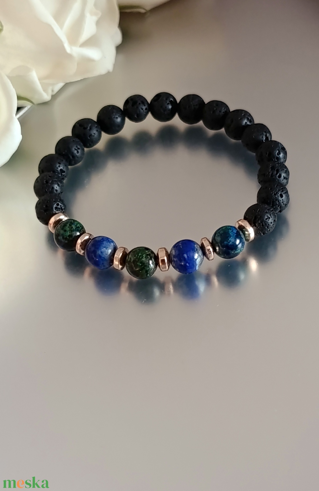 Azurit-malachit, lapis lazuli, hematit és lávakő női ásvány karkötő, aroma ékszer - ékszer - karkötő - ásványkarkötő - Meska.hu