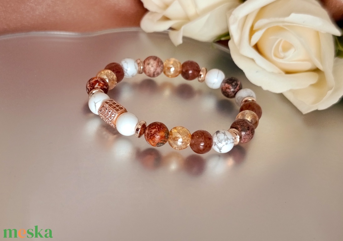 Stabilitás - belső erő ásványkarkötő leopárd jáspissal, howlittal, arany aura kvarccal - ékszer - karkötő - ásványkarkötő - Meska.hu