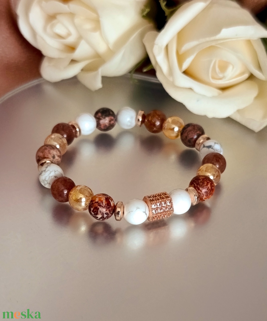 Stabilitás - belső erő ásványkarkötő leopárd jáspissal, howlittal, arany aura kvarccal - ékszer - karkötő - ásványkarkötő - Meska.hu