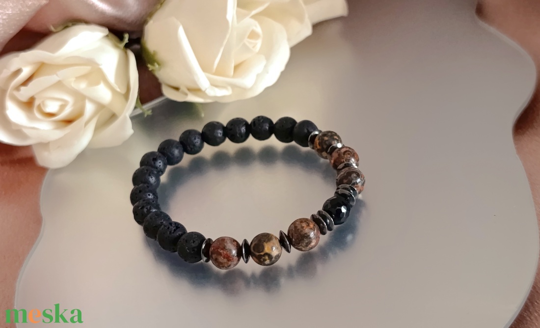 Erő és stabilitás férfi karkötő lávakővel, leopárd jáspissal, fekete obszidiánnal és hematittal  - ékszer - karkötő - ásványkarkötő - Meska.hu