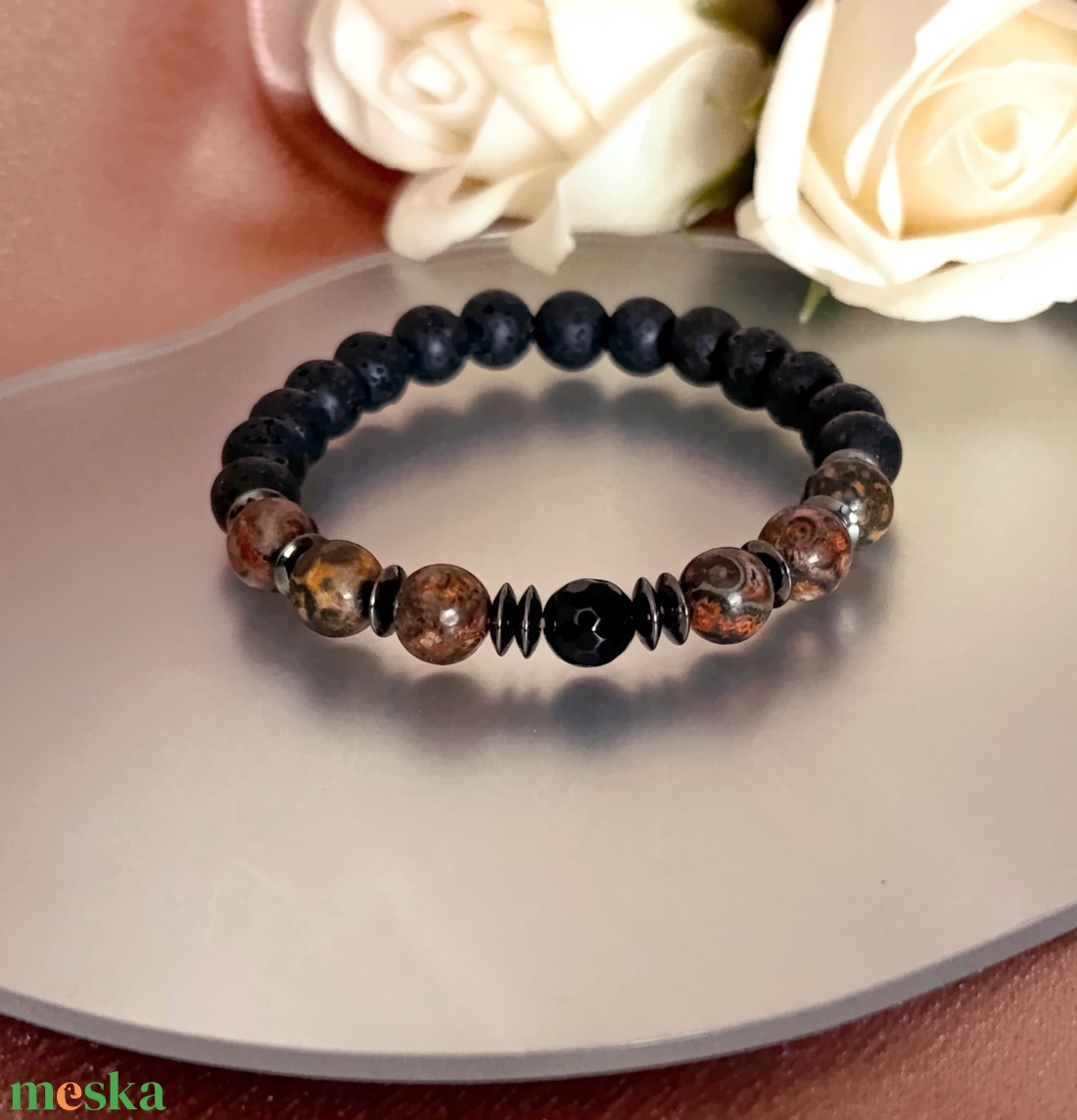 Erő és stabilitás férfi karkötő lávakővel, leopárd jáspissal, fekete obszidiánnal és hematittal  - ékszer - karkötő - ásványkarkötő - Meska.hu