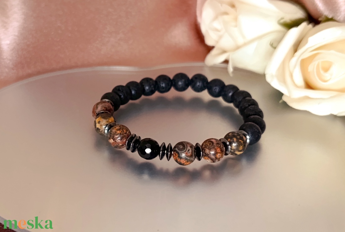 Erő és stabilitás férfi karkötő lávakővel, leopárd jáspissal, fekete obszidiánnal és hematittal  - ékszer - karkötő - ásványkarkötő - Meska.hu