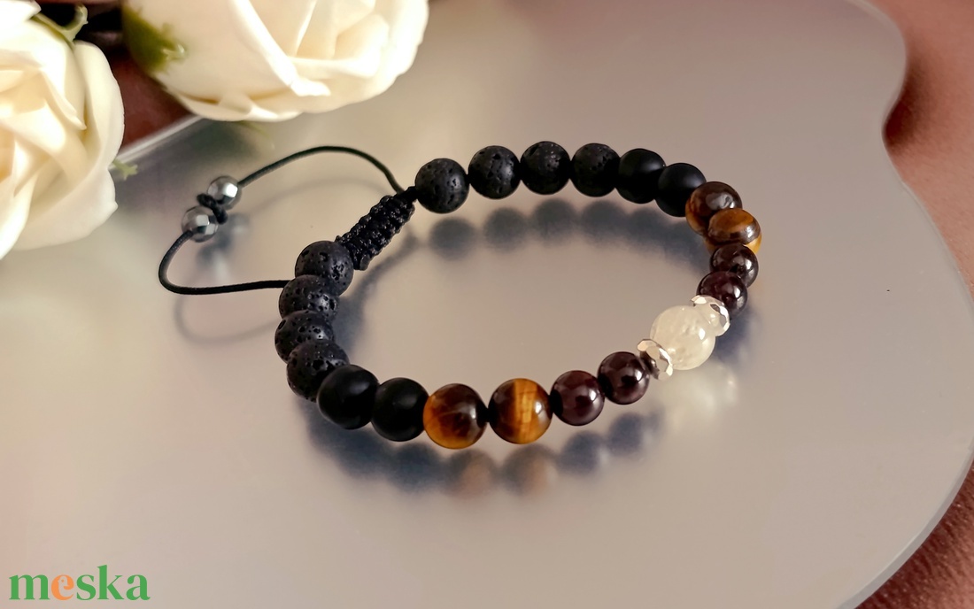 Férfi ásvány karkötő citrinnel, gránáttal, tigrisszemmel, ónixszal és lávakővel - ékszer - karkötő - ásványkarkötő - Meska.hu