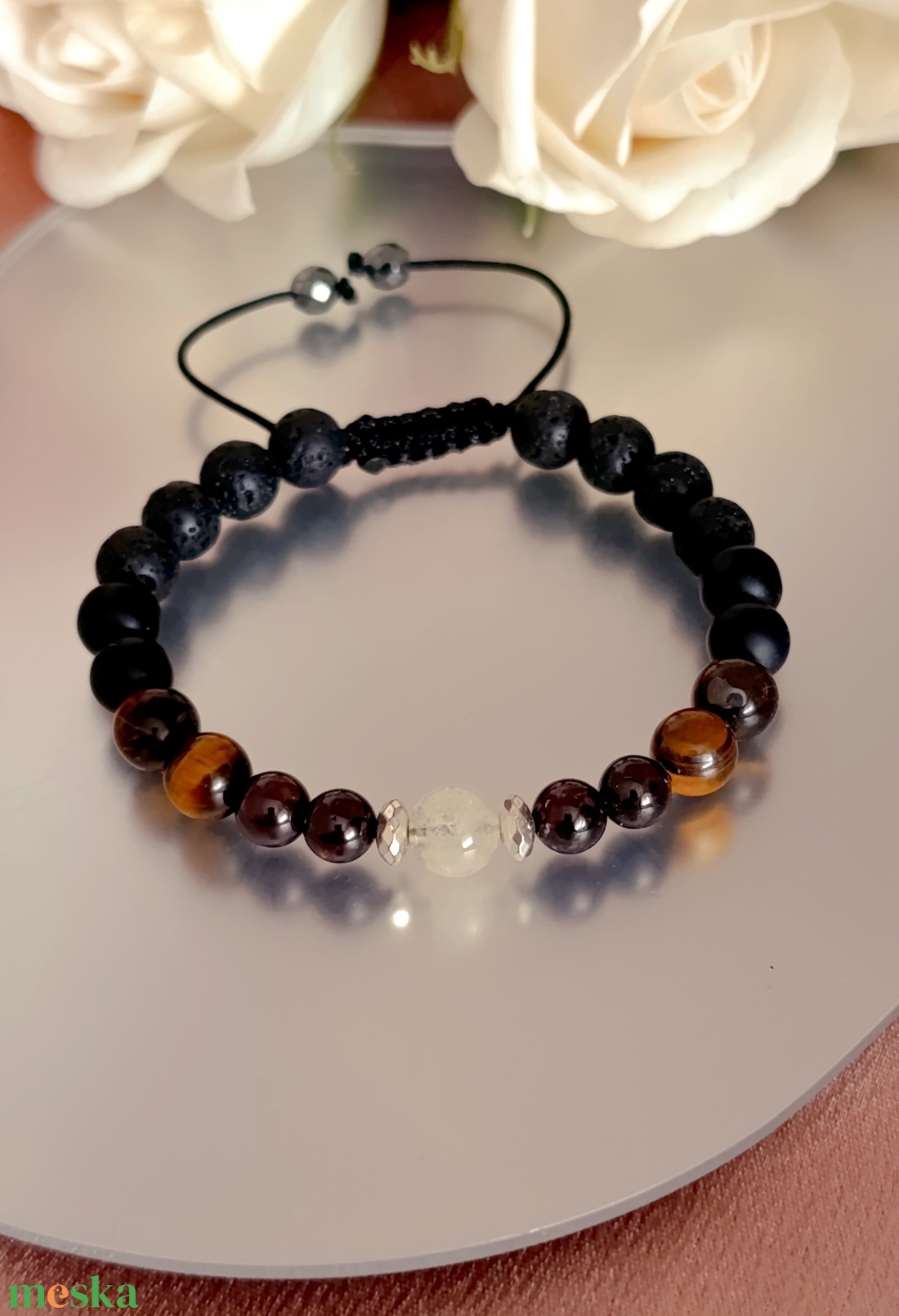 Férfi ásvány karkötő citrinnel, gránáttal, tigrisszemmel, ónixszal és lávakővel - ékszer - karkötő - ásványkarkötő - Meska.hu